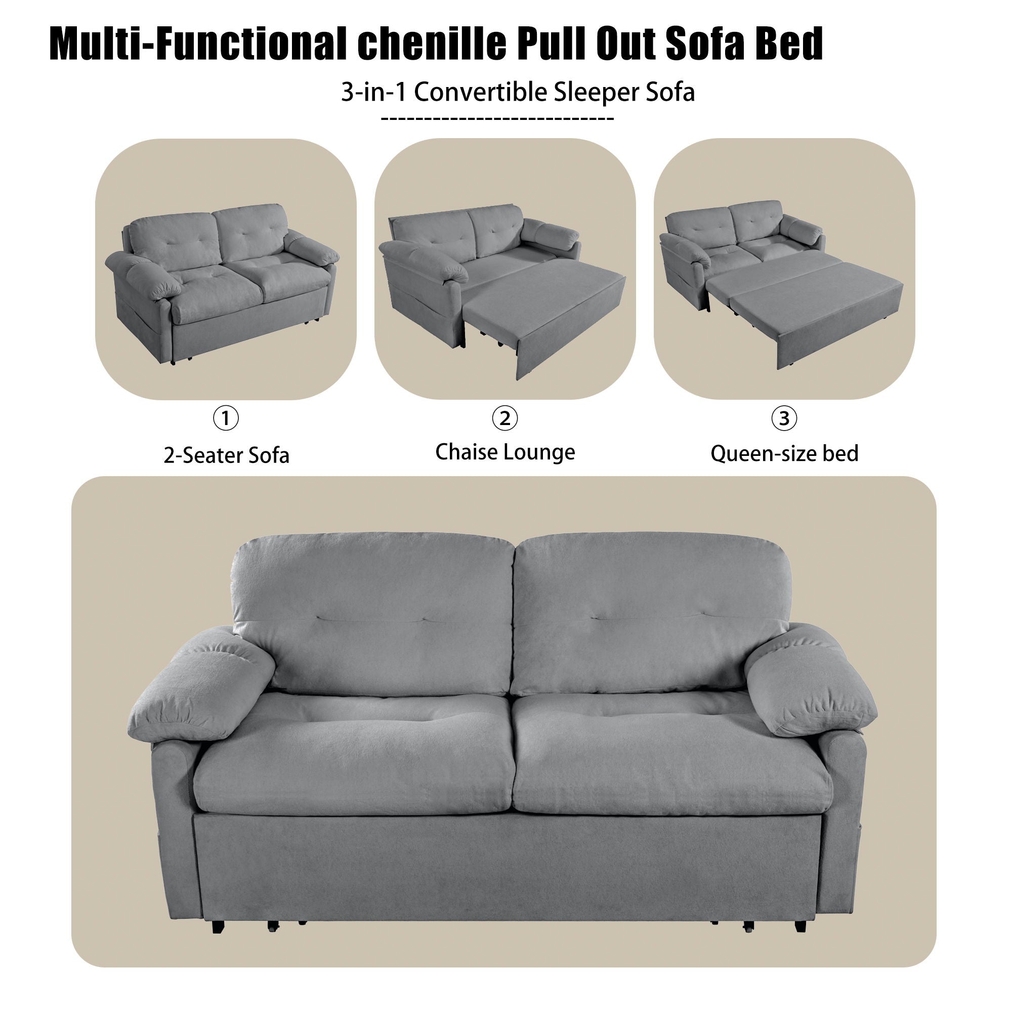 Modern Convertible Sleeper Sofa Bed With Pull-Out Queen Design, Side Storage & Thick Cushions