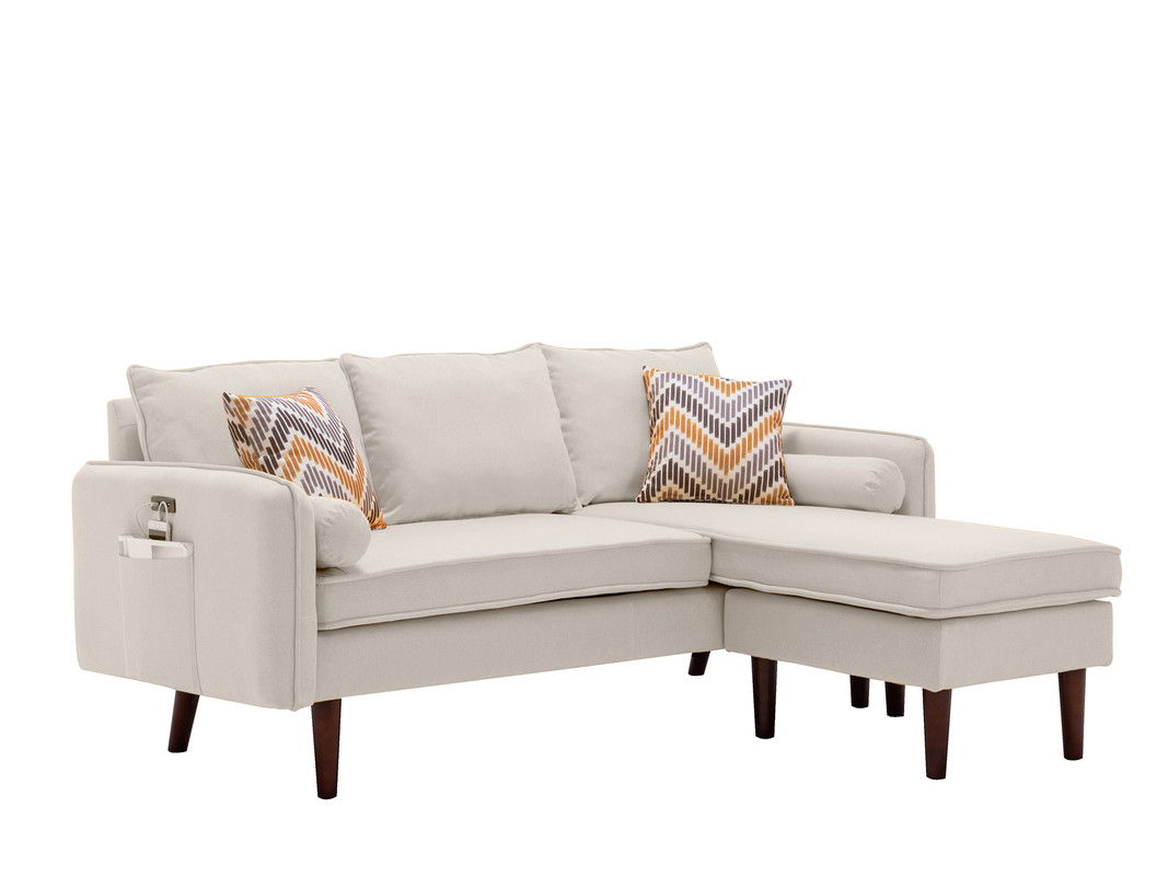 Mia 70"W Beige Sectional Sofa Chaise with USB Charger & Pillows