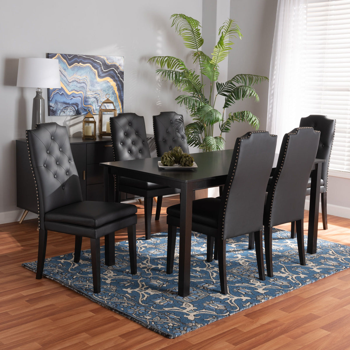Dylin Modern and Contemporary Black Faux Leather Upholstered and Dark Brown Finished Wood 7-Piece Dining Set