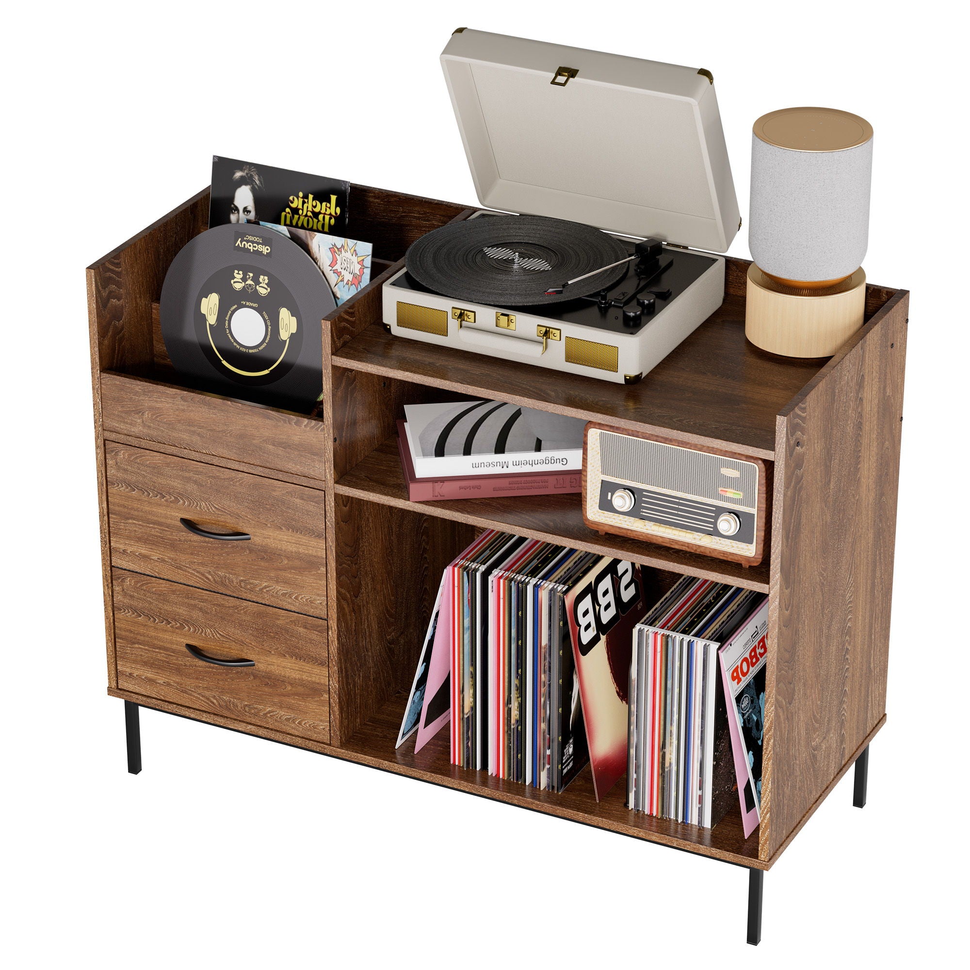 Eco-Friendly Vinyl Record Player Stand With Flip-Top Storage, Media Console With Dual Outlets And Dustproof Drawers