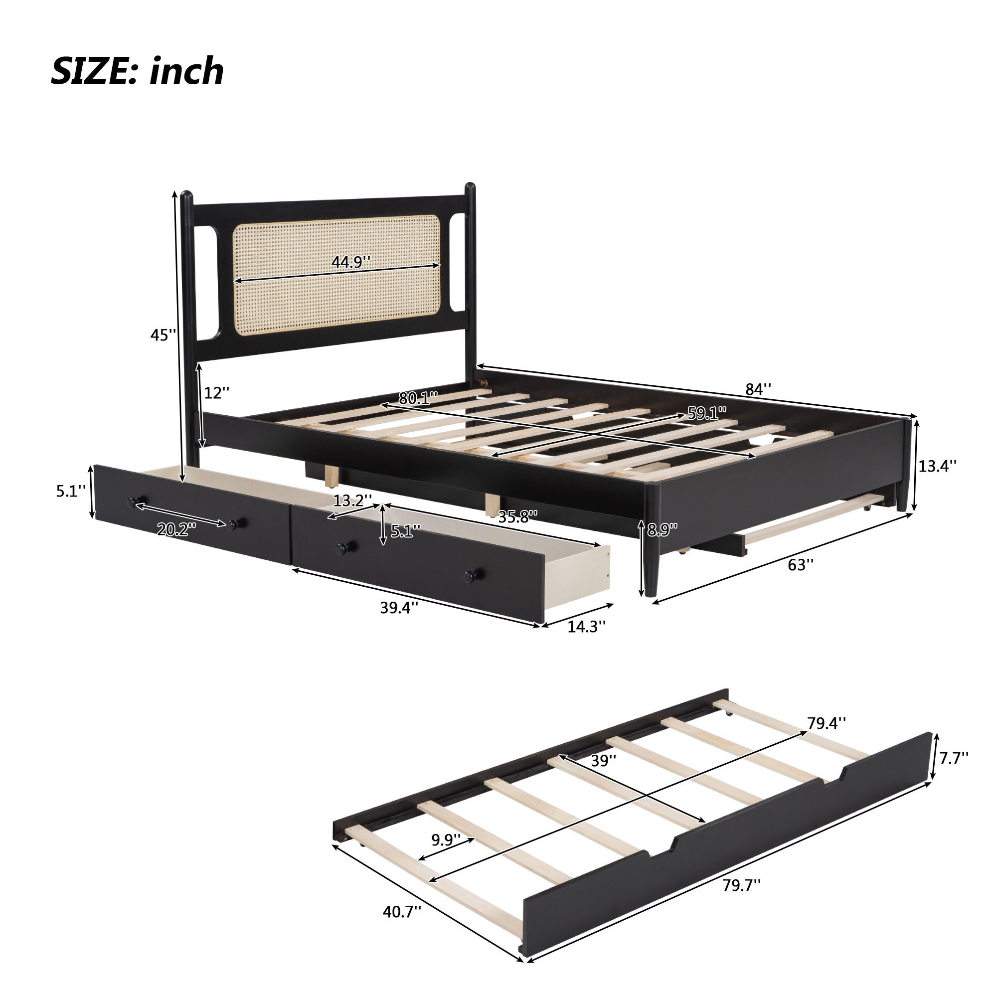 Platform Bed With 2 Big Drawers & Trundle