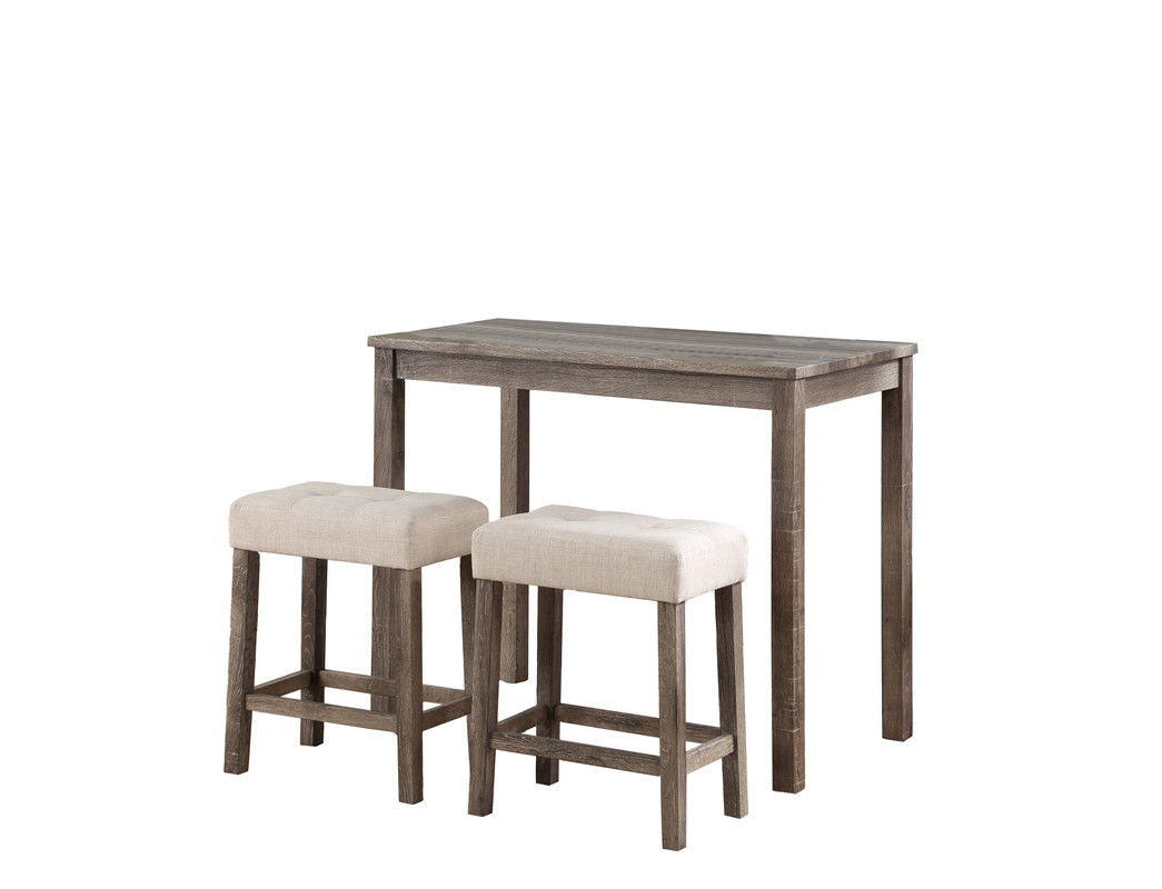 Lux Brown 3 Piece Counter Height 42" Pub Table Set with Tufted Creamy White Linen Stools