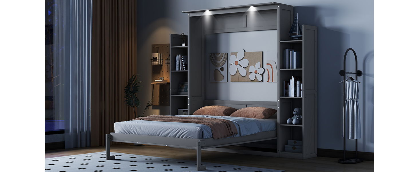 Wall Murphy Bed With Shelves And LED Lights