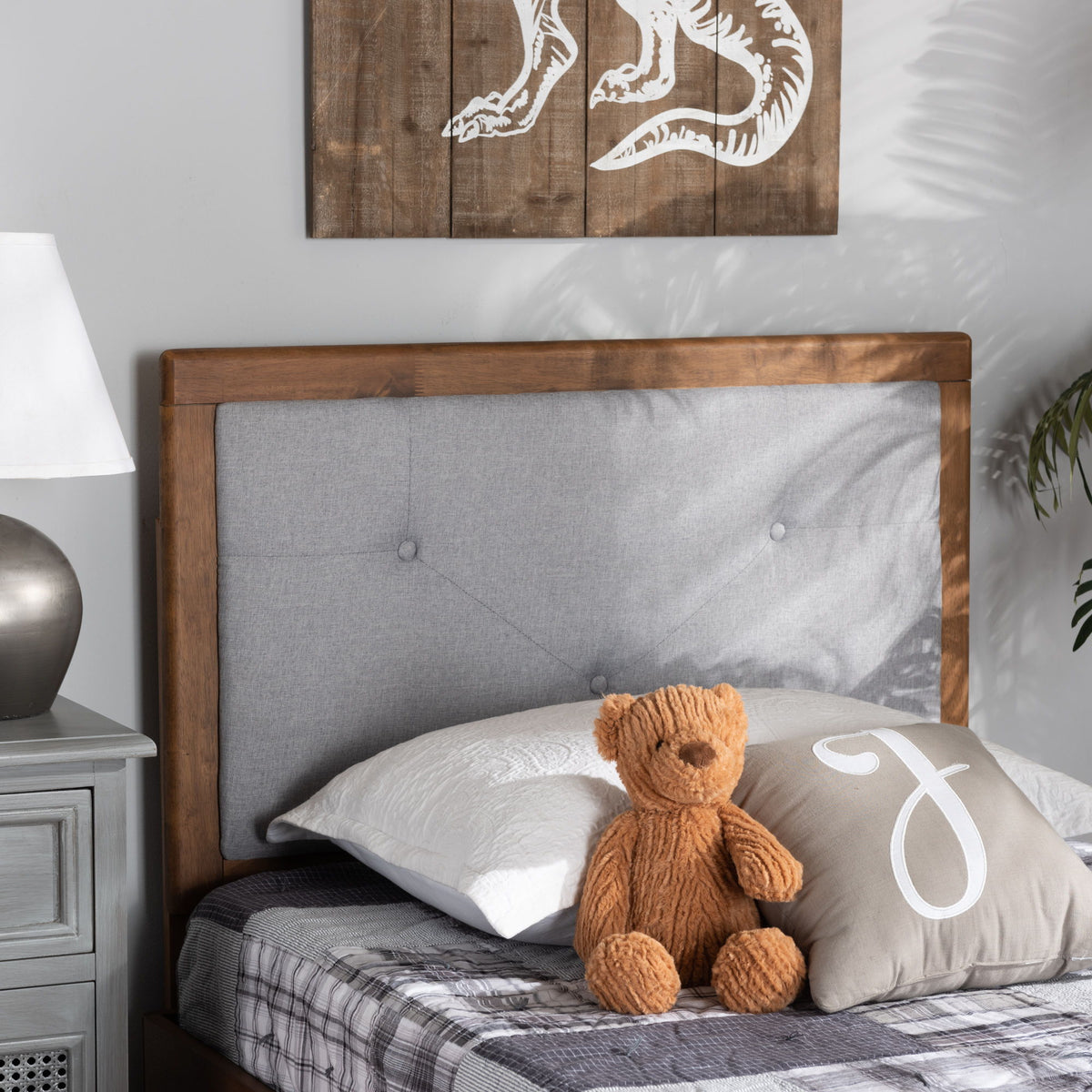 Abner Modern and Contemporary Transitional Light Grey Fabric Upholstered and Walnut Brown Finished Wood Twin Size Headboard