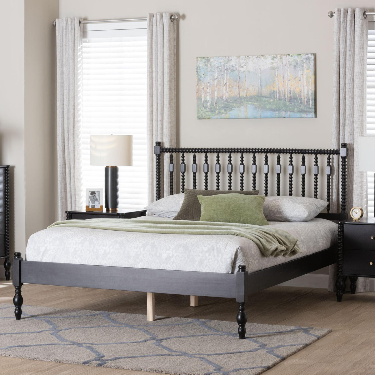 Callison Spindle Platform Bed - Turned Farmhouse Bed Frame with Spoked Headboard and Sculpted Legs, Black, Full
