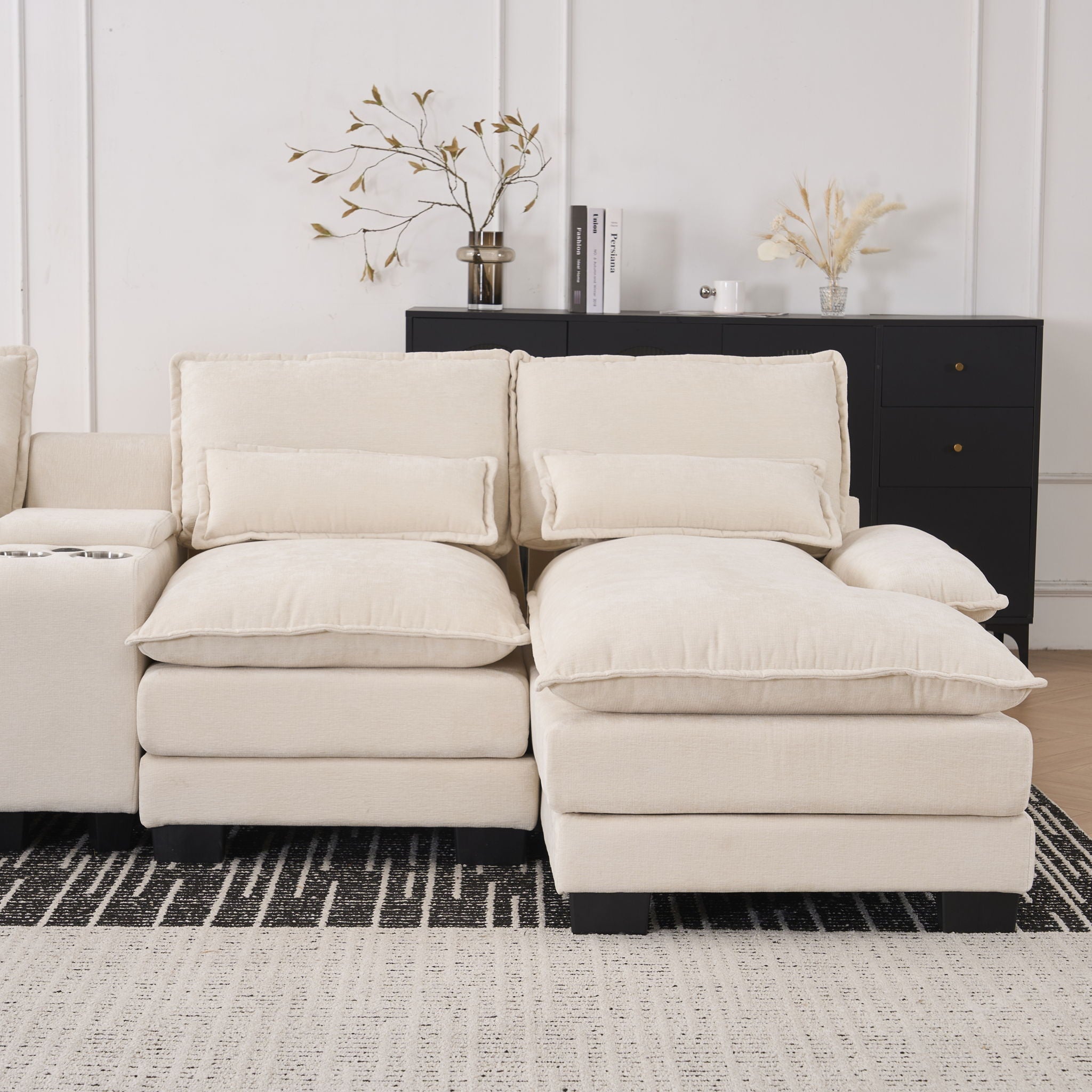 U Shaped Sofa With Console, Cupholders, USB Ports, 6 Seat, Bronzing Suede & Chenille