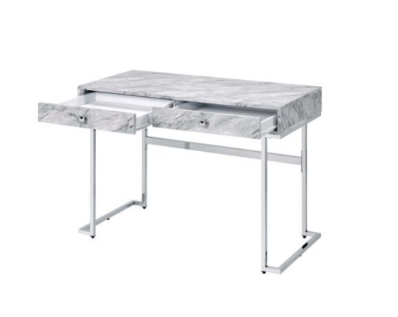 ACME Tigress - Writing Desk - White Printed Faux Marble & Chrome Finish | Meri Furniture