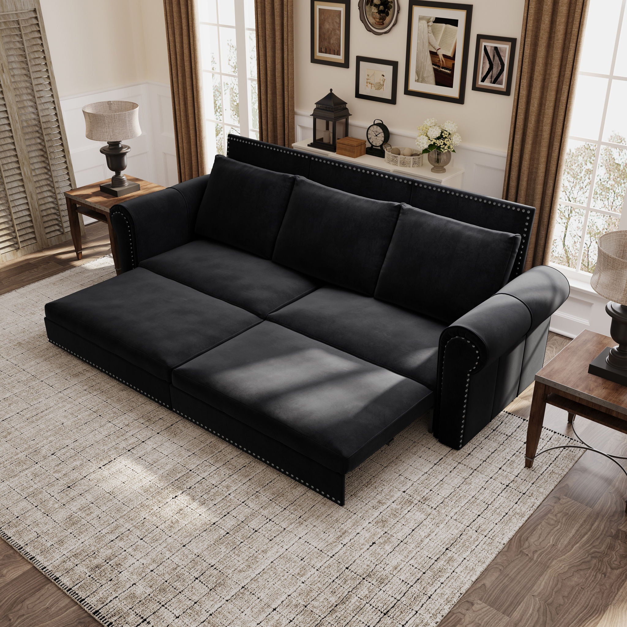 3 In 1 Convertible Sleeper Sofa With Nailhead Trim & Rolled Arm