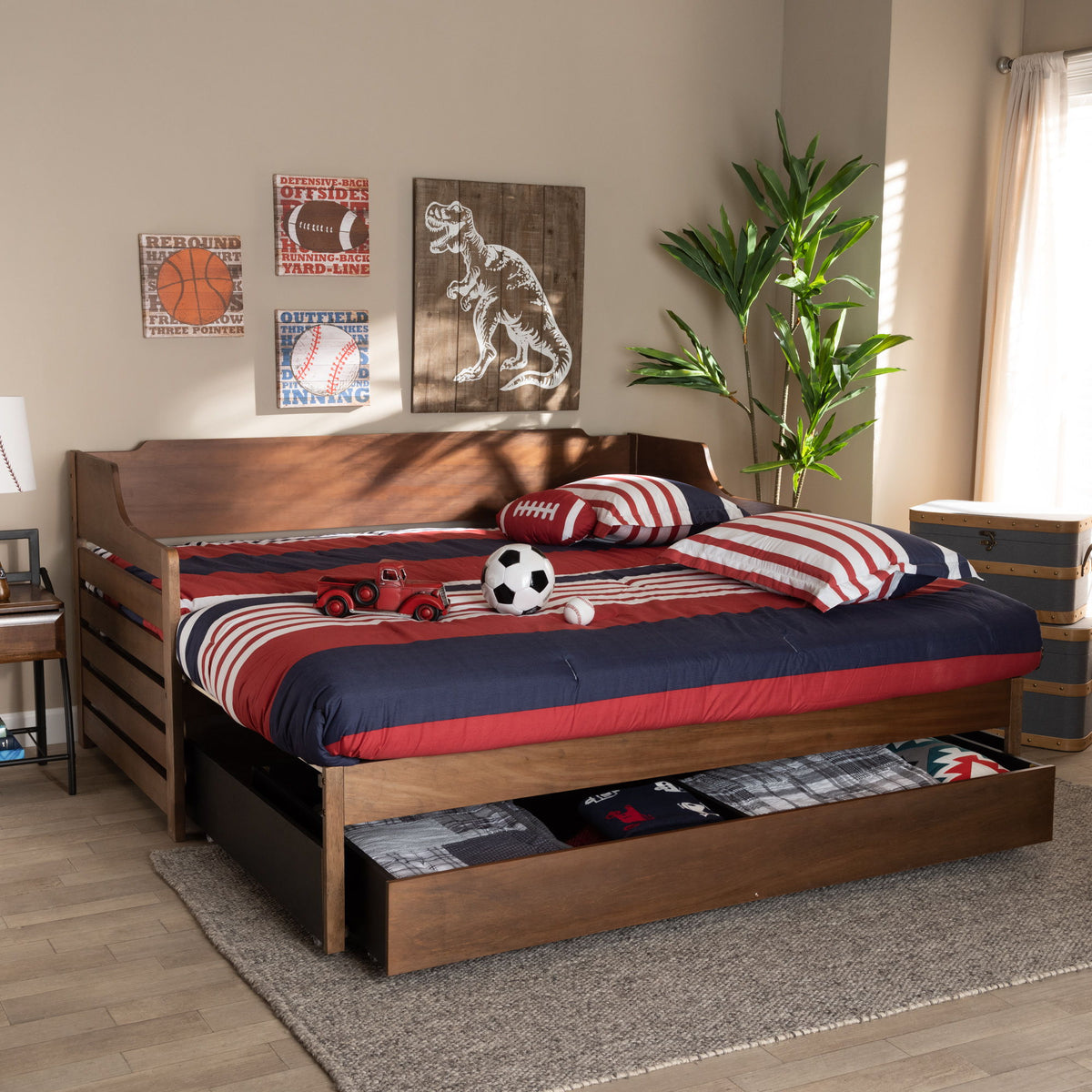 Jameson Modern and Transitional Walnut Brown Finished Expandable Twin Size to King Size Daybed with Storage Drawer