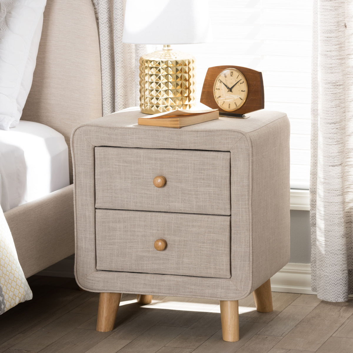 Jonesy Mid-Century Beige Linen Upholstered 2-Drawer Nightstand