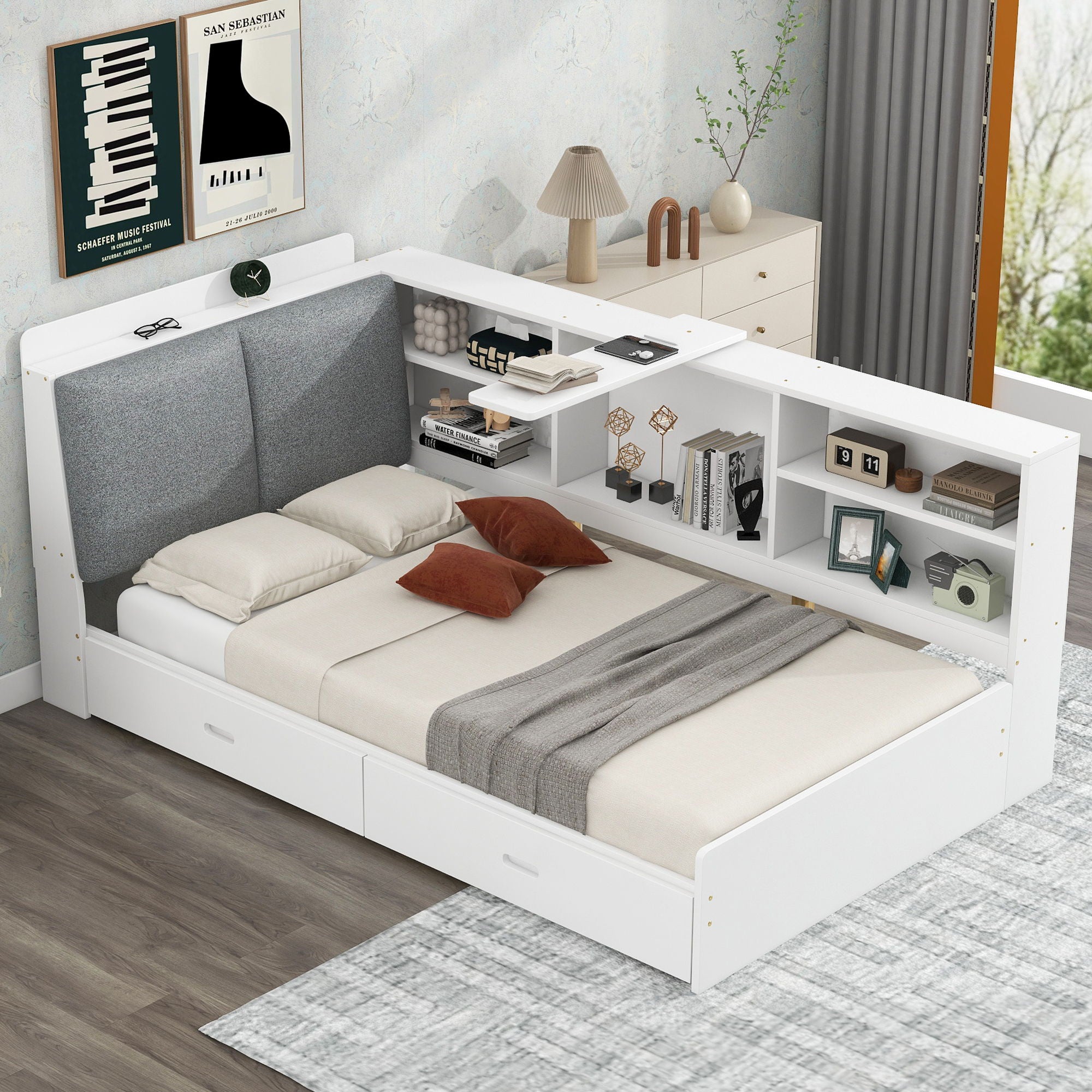 Platform Bed With Storage Headboard, Shelves And 2 Drawers