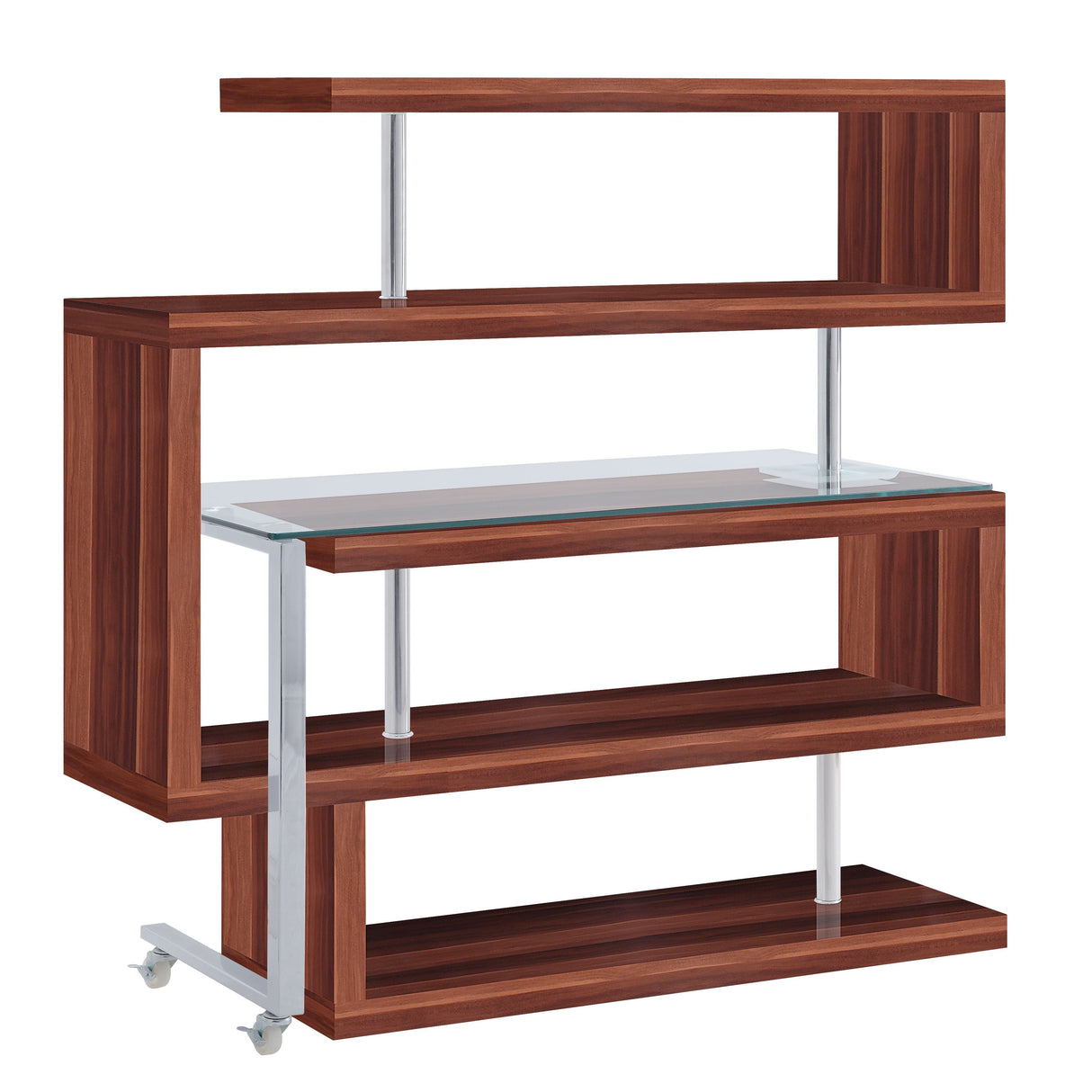 Writing Desk w/Swivel Function 360 Open Storage: 4 Shelves Clear Glass Desk Top High Gloss Finish 2 Wheels Included