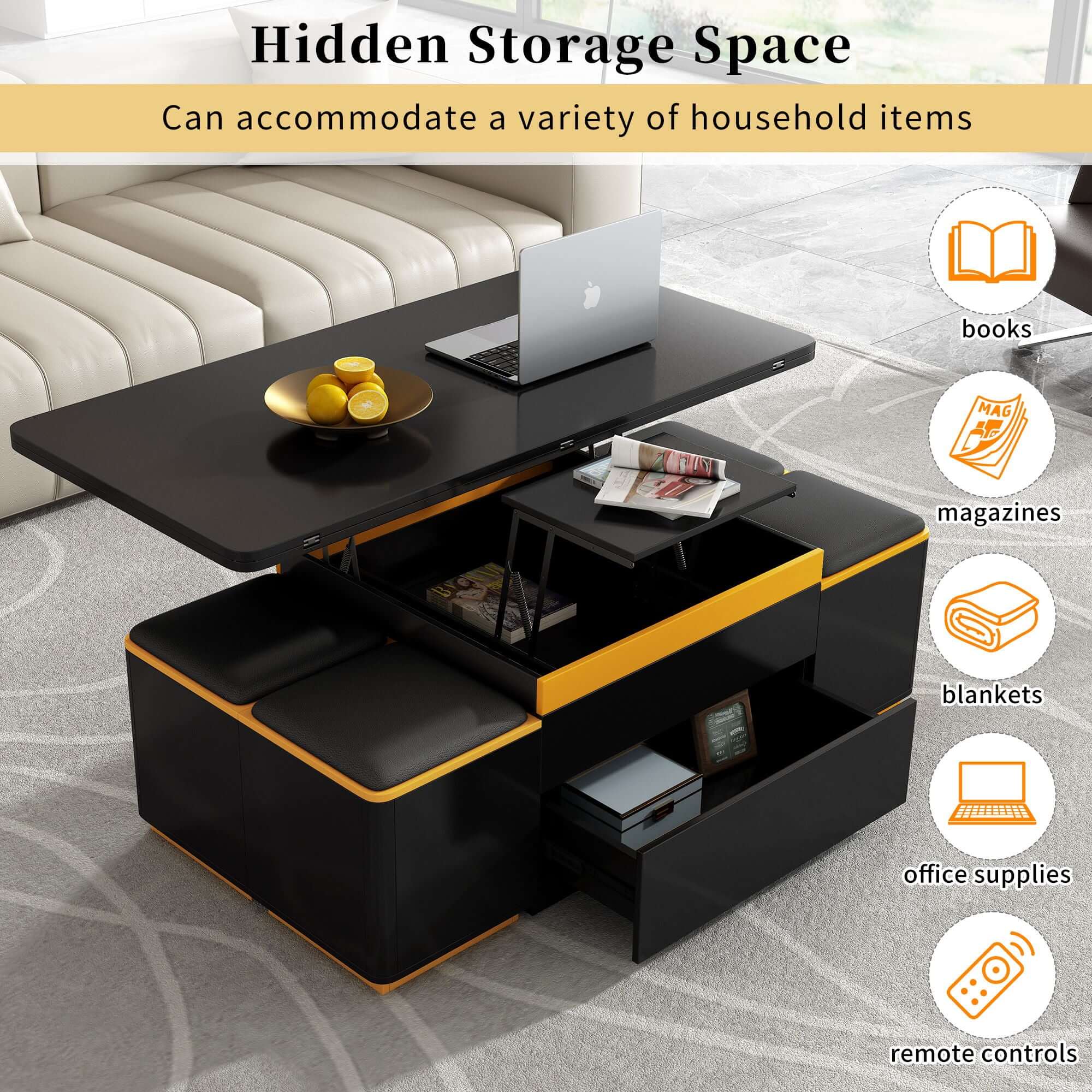Lift Top Coffee Table With 4 Storage Stools
