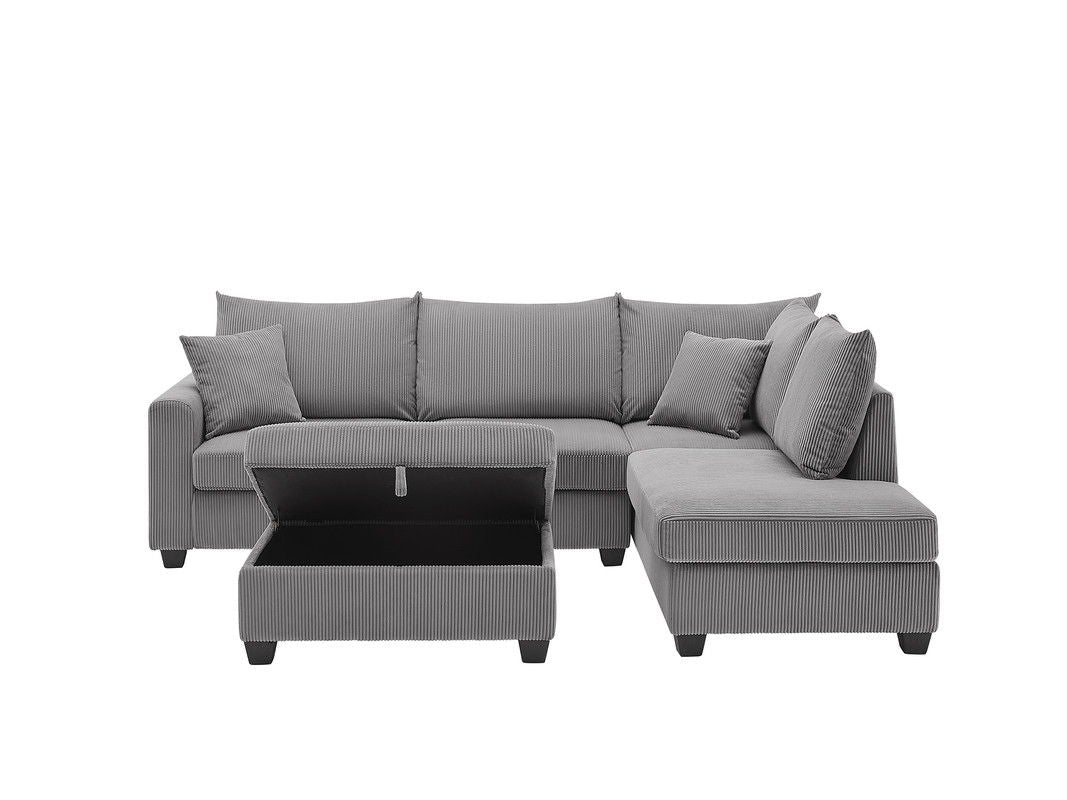Rowan 107"W Dark Gray Corduroy Fabric Sectional Sofa with Right Facing Chaise, USB & USB-C Charging Port, Storage Ottoman, and Pillows