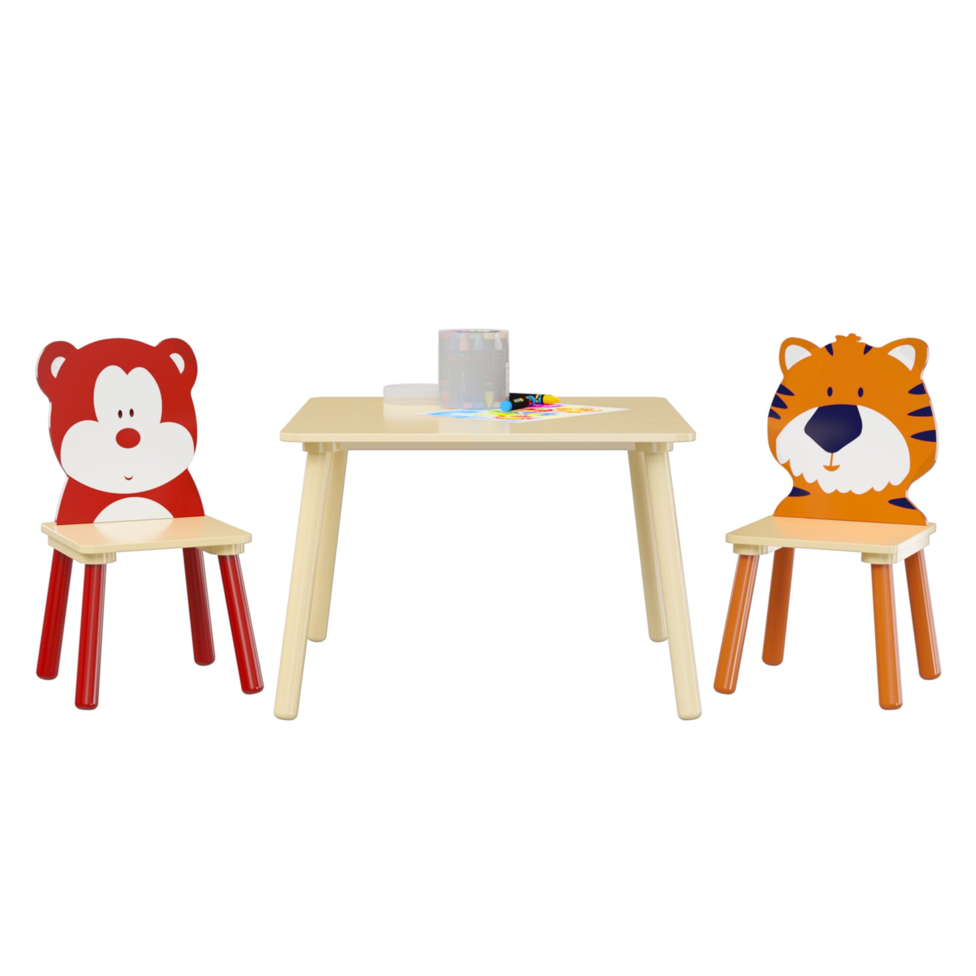 Table And 2 Chairs Set, Activity Play Table Set With Bear & Tiger Design - Natural