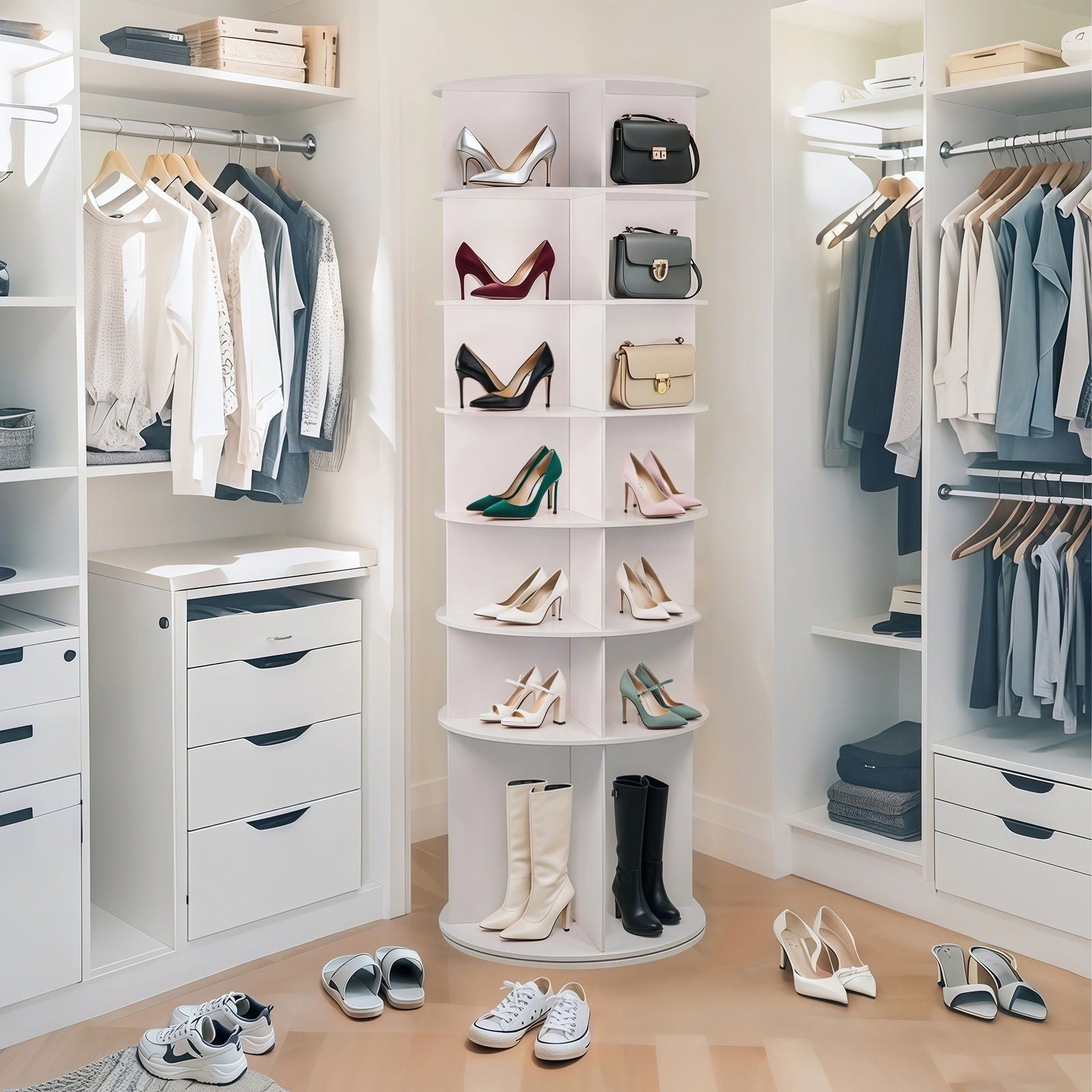 7 Tier Rotating Shoe Rack With High Base Design, Freestanding 360° Organizer For 28 Pairs - White
