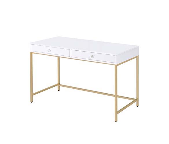ACME Ottey - Vanity Desk - White High Gloss & Gold Finish | Meri Furniture