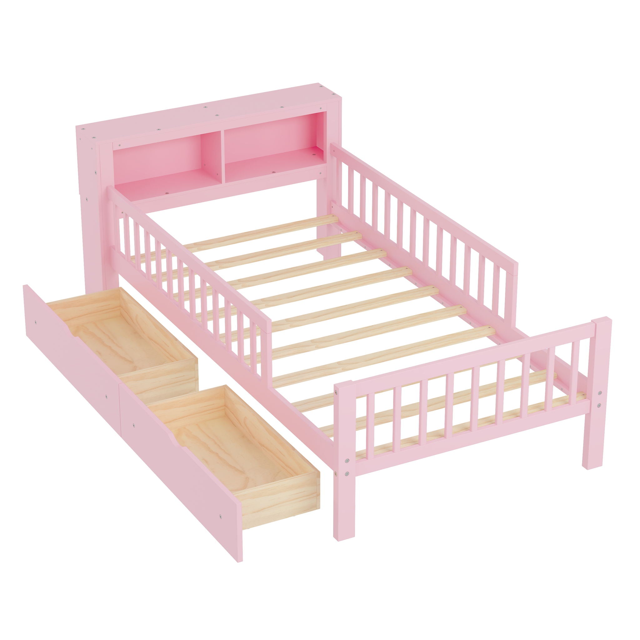 Bed With Headboard Storage Rack, 2 Under Bed Drawers, 3 Side Guardrails For Safety