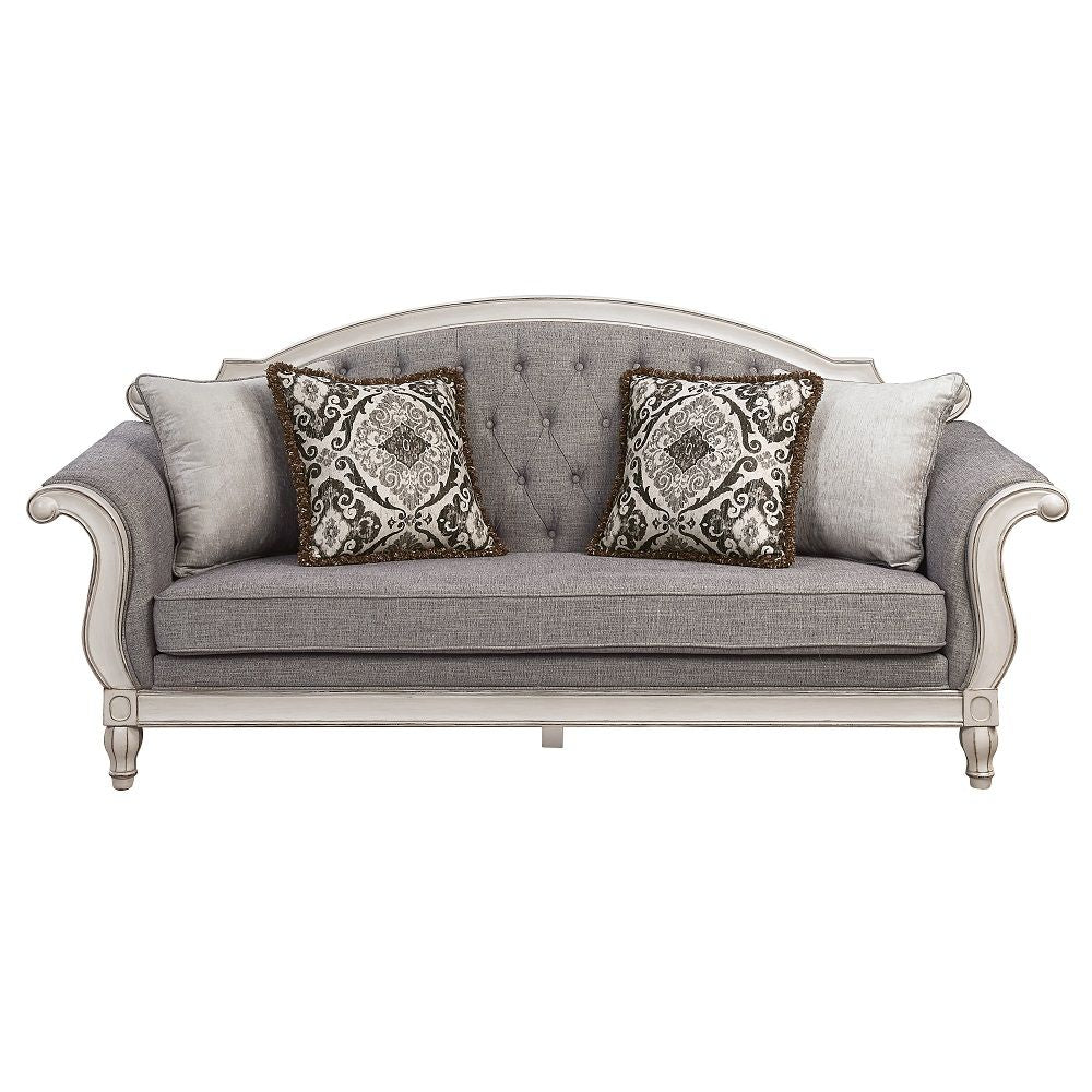 ACME Florian - Sofa With 4 Pillows - Gray & Antique White | Meri Furniture
