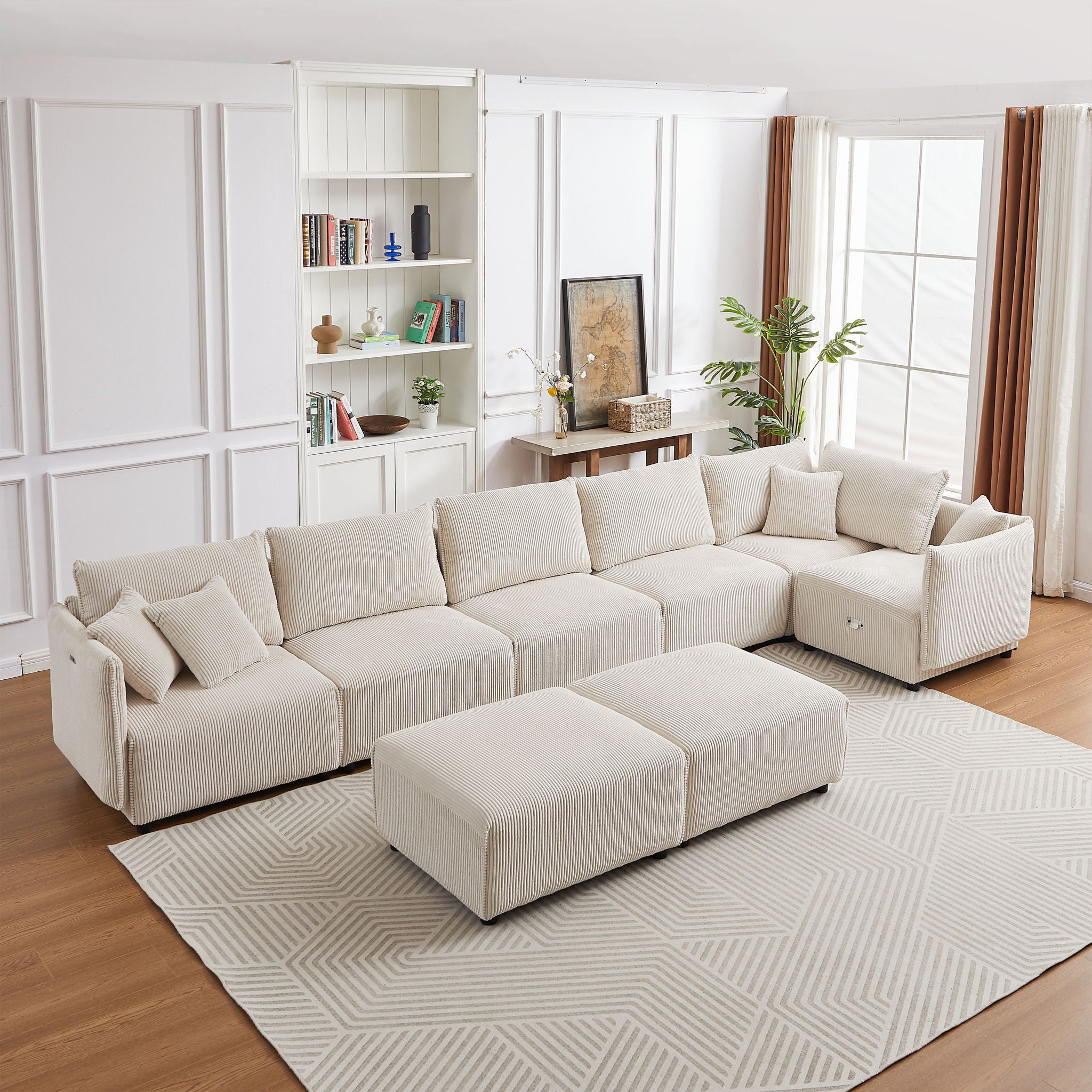 Modern Minimalist Corduroy Combination Sofa With 2 Comfort Cushions With USB & C Charging Ports