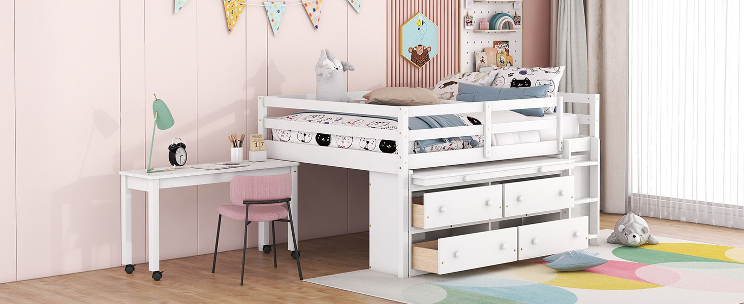Loft Bed With Retractable Writing Desk And 4 Drawers, With Lateral Portable Desk And Shelves