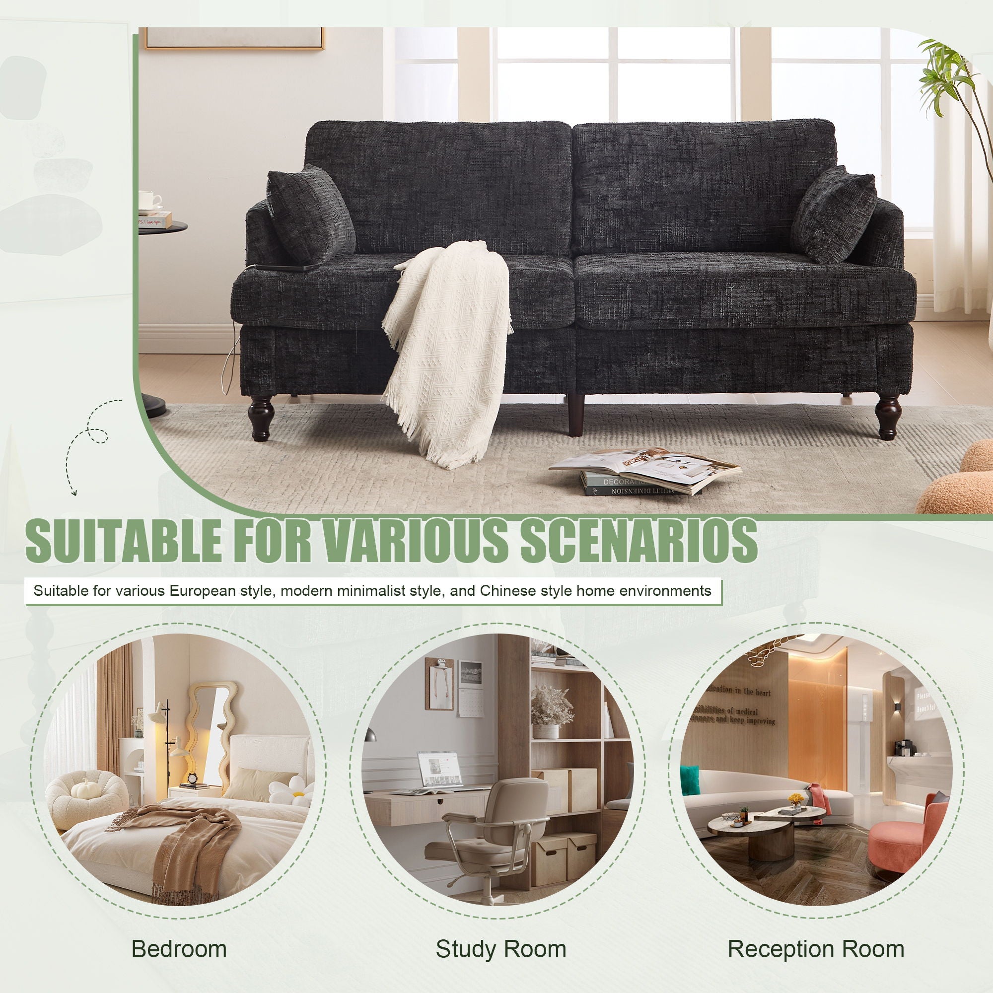 Chenille 2 Seater Sofa With LED Light, USB Charging Port, And Storage Bag