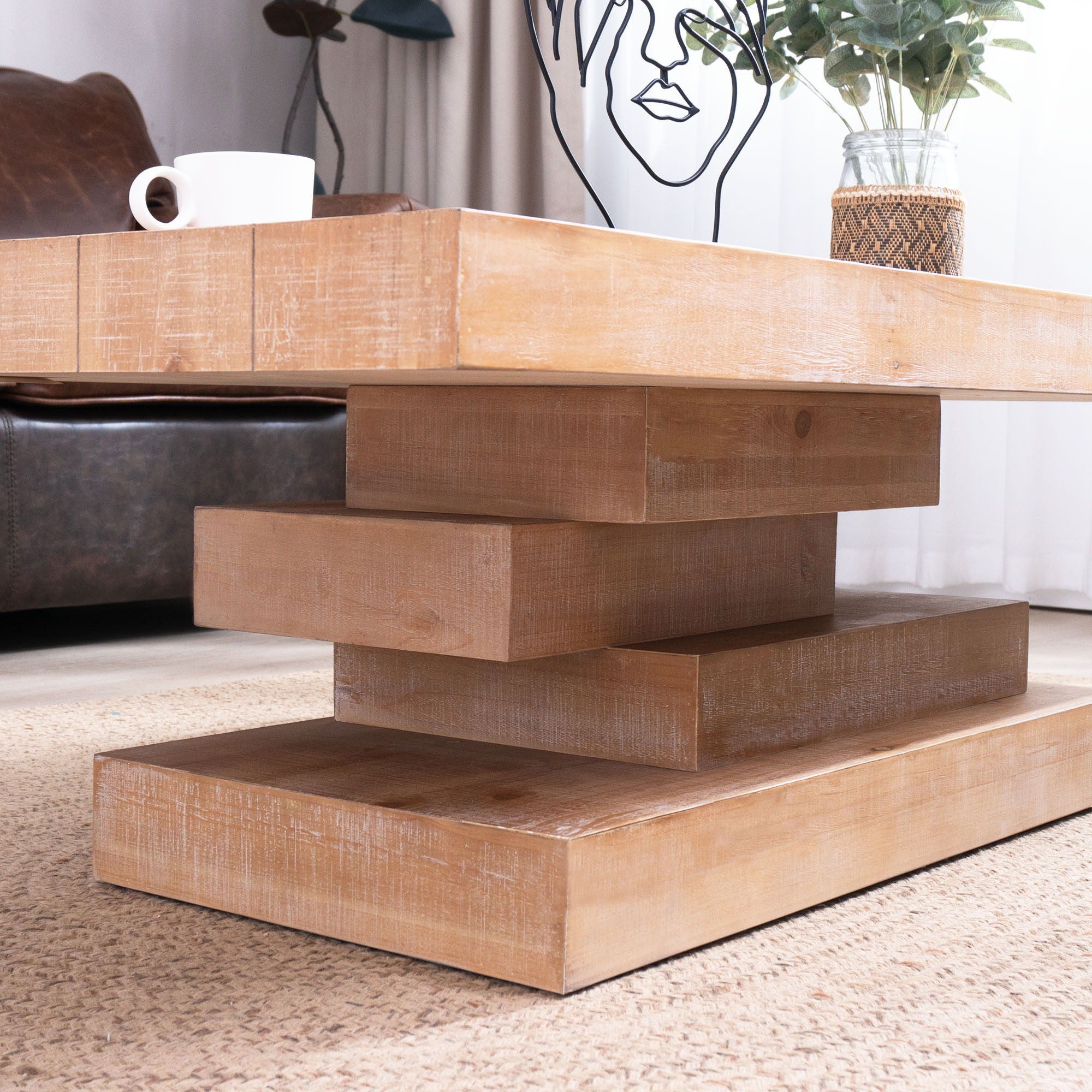 Modern Rustic Coffee Table, Rectangular Center Table For Living Room - Natural Wood Wash / Rustic