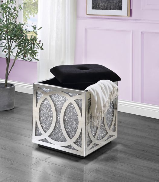 ACME Noralie - Ottoman - Mirrored & Faux Diamonds - 24" | Meri Furniture