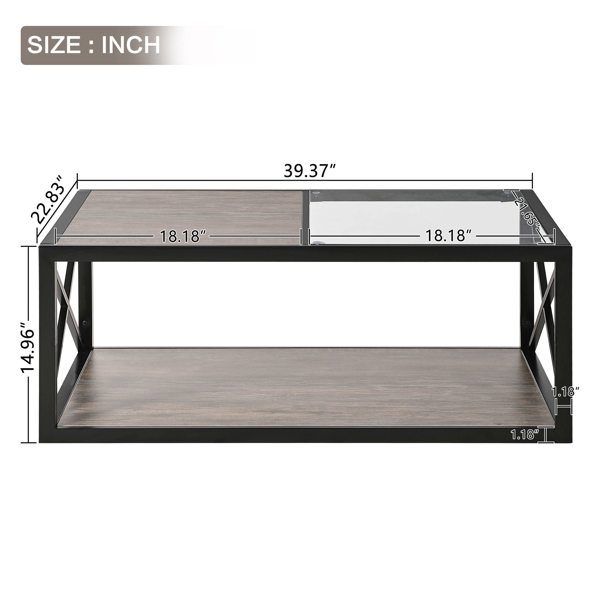 Industrial Style Coffee Table For Bedroom & Living Room With Tempered Glass & Wood Grain - Wood