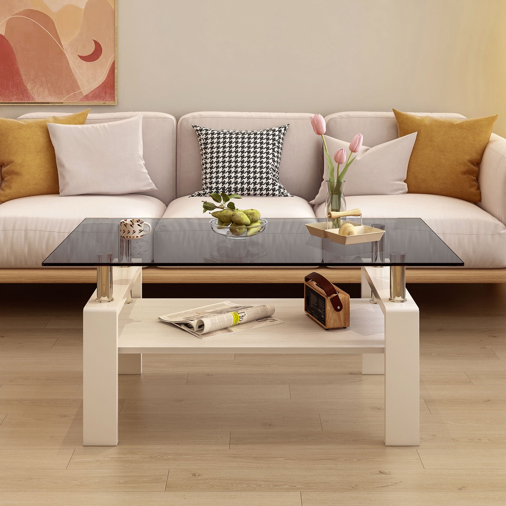 Modern Rectangular Coffee Table With Tempered Transparent Glass Top And Storage Shelf
