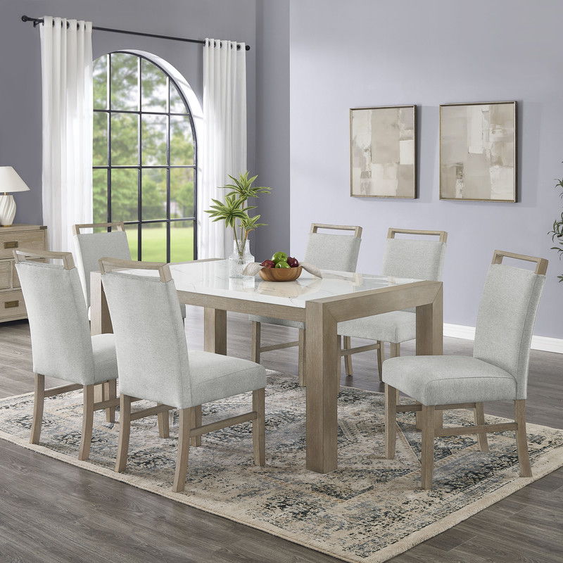 Tabitha 7Pc 66" Rectangular White Faux Marble Top Dining Set in Light Oak Finish