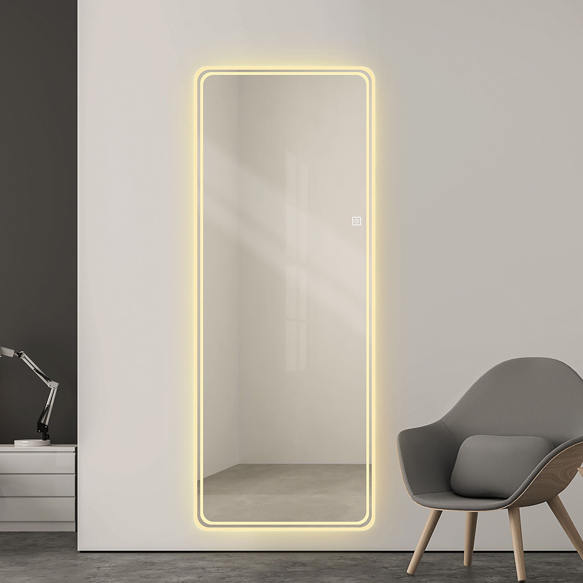 Frameless Full Length Floor Mirror With LED Light, Dimming & 3 Color Modes Mirror - Silver
