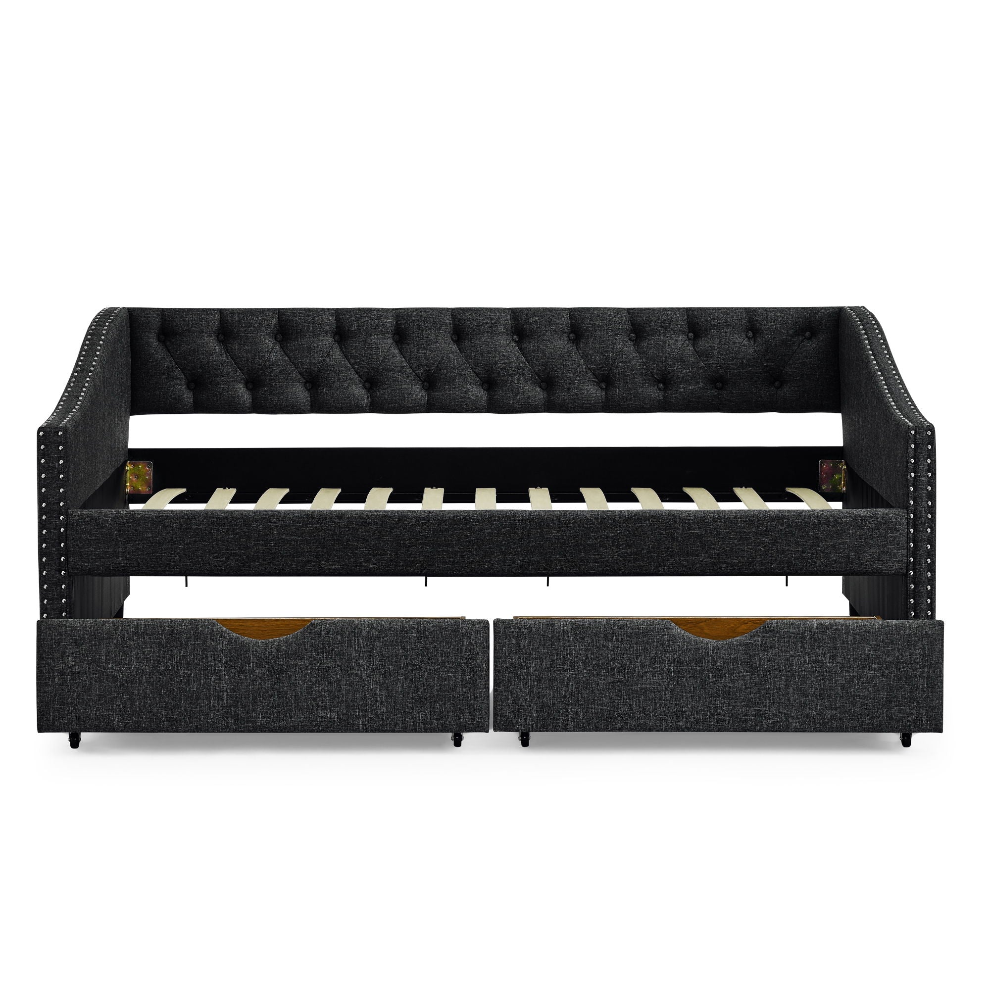Upholstered Tufted Daybed With 2 Drawers, Waved Arms