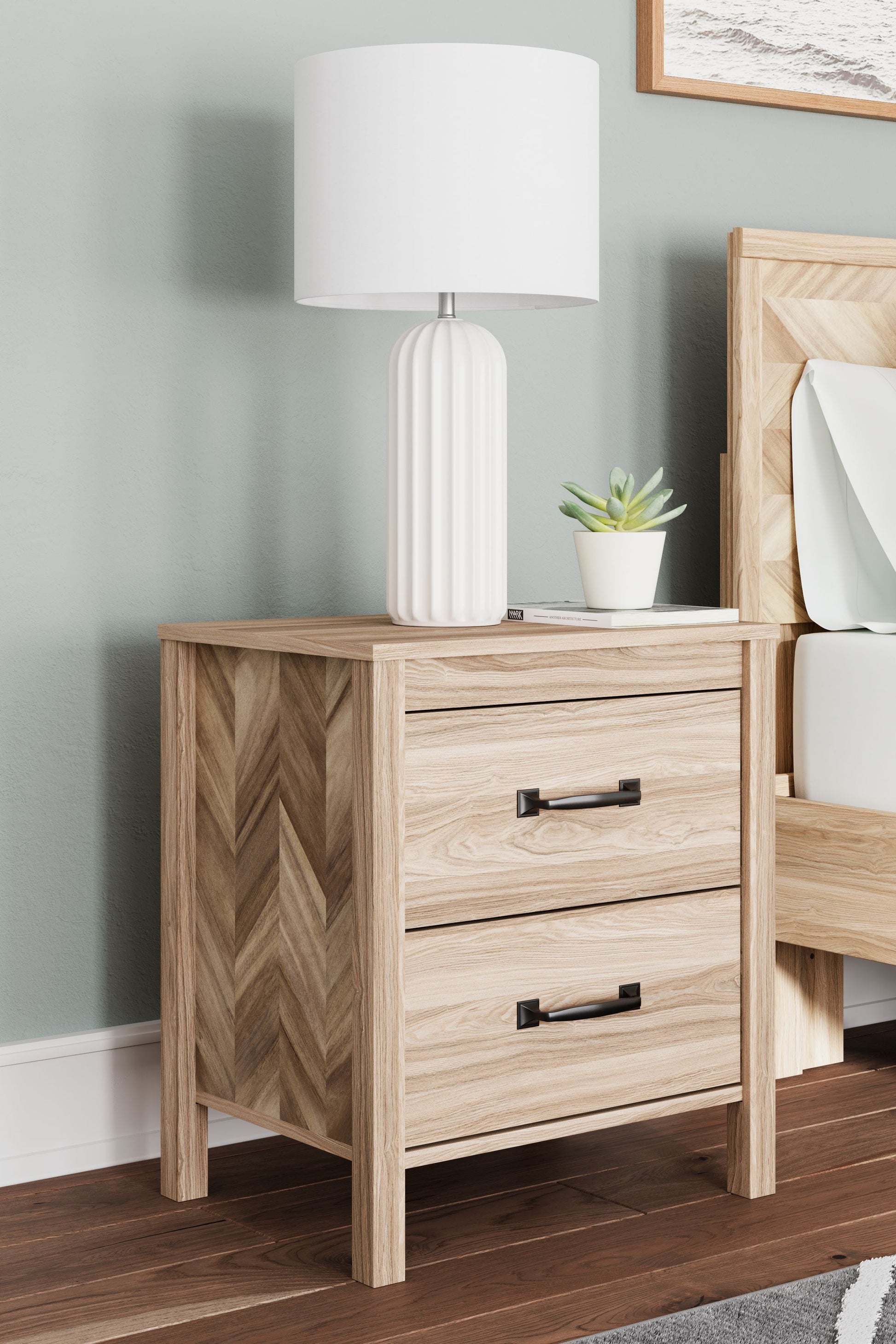 Signature Design by Ashley® Battelle - Tan - Two Drawer Night Stand | Meri Furniture