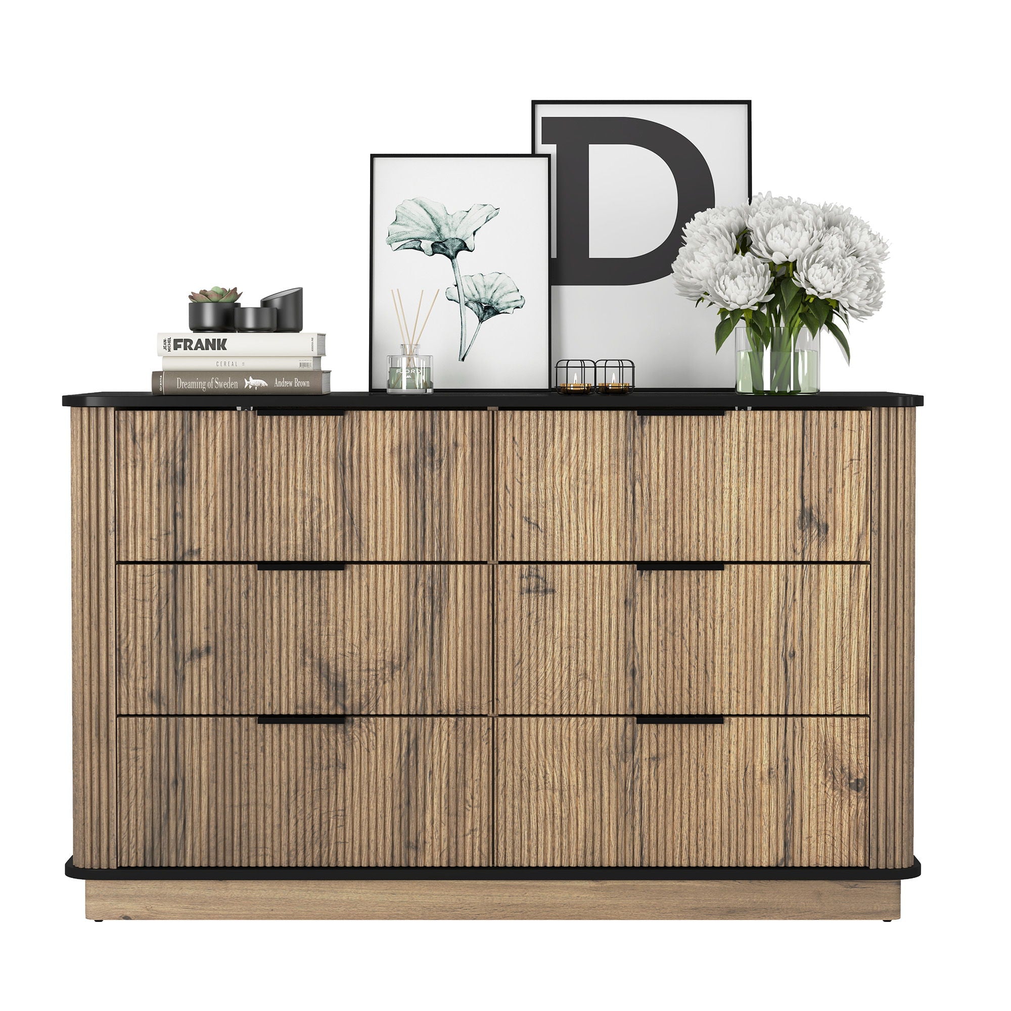 Modern 6 Drawer Cabinet With Metal Rounded Corners And Exquisite Handles Multi Functional Storage - Natural Wood