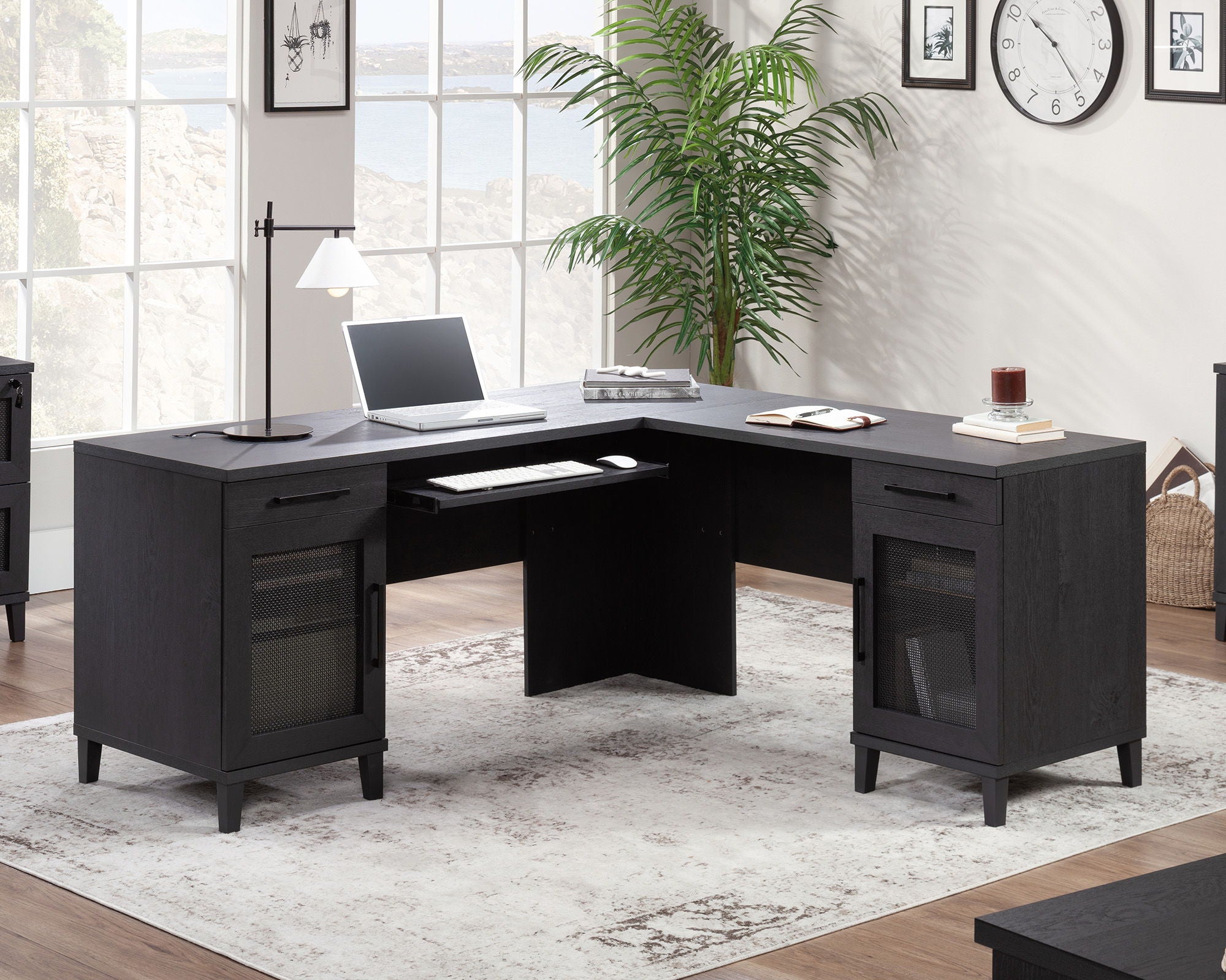 L-Shaped Desk with Drawers in Raven Oak