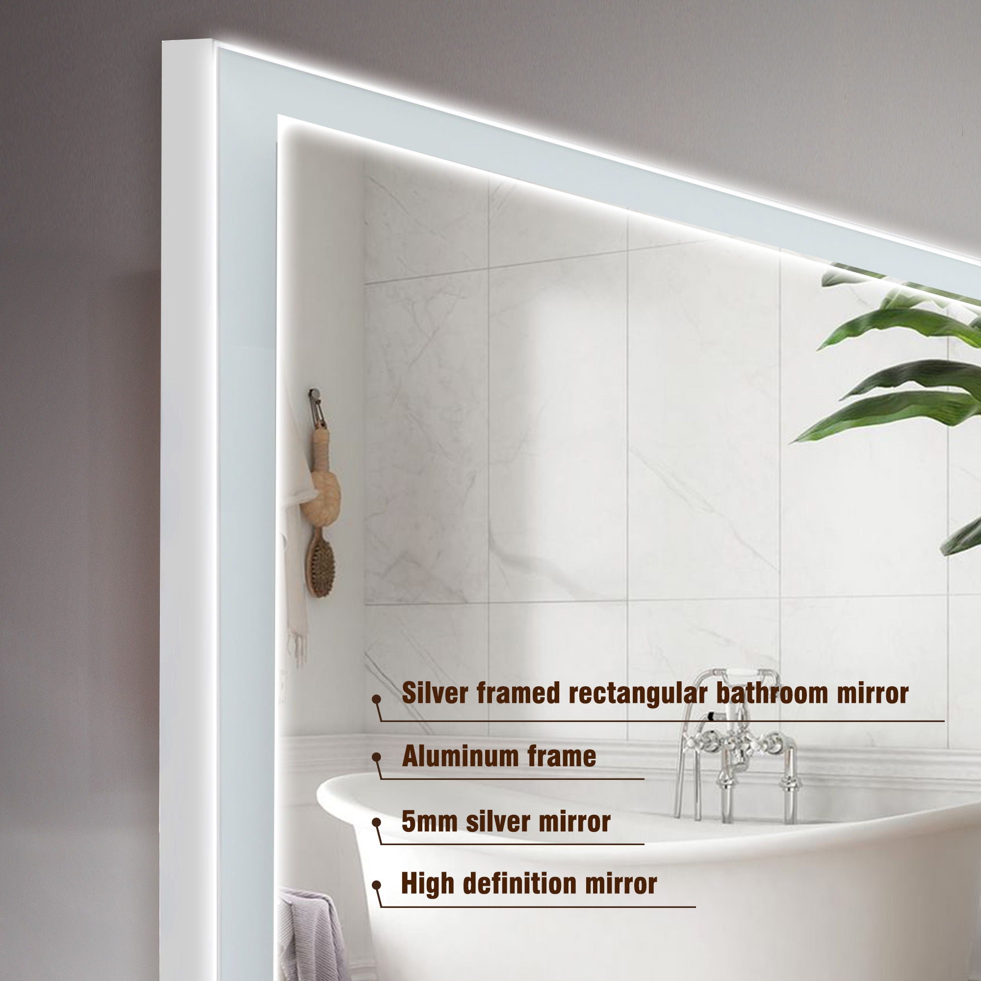 Modern LED Bathroom Vanity Mirror With Aluminum Frame, 45° Beveled Lights, Anti Fog - Silver