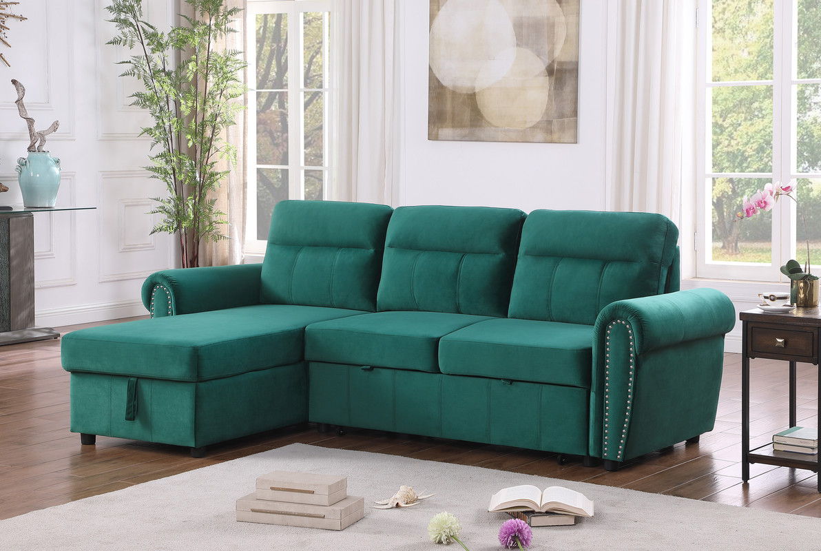 Ashton 96.5"W Green Velvet Fabric Reversible Sleeper Sectional Sofa Chaise