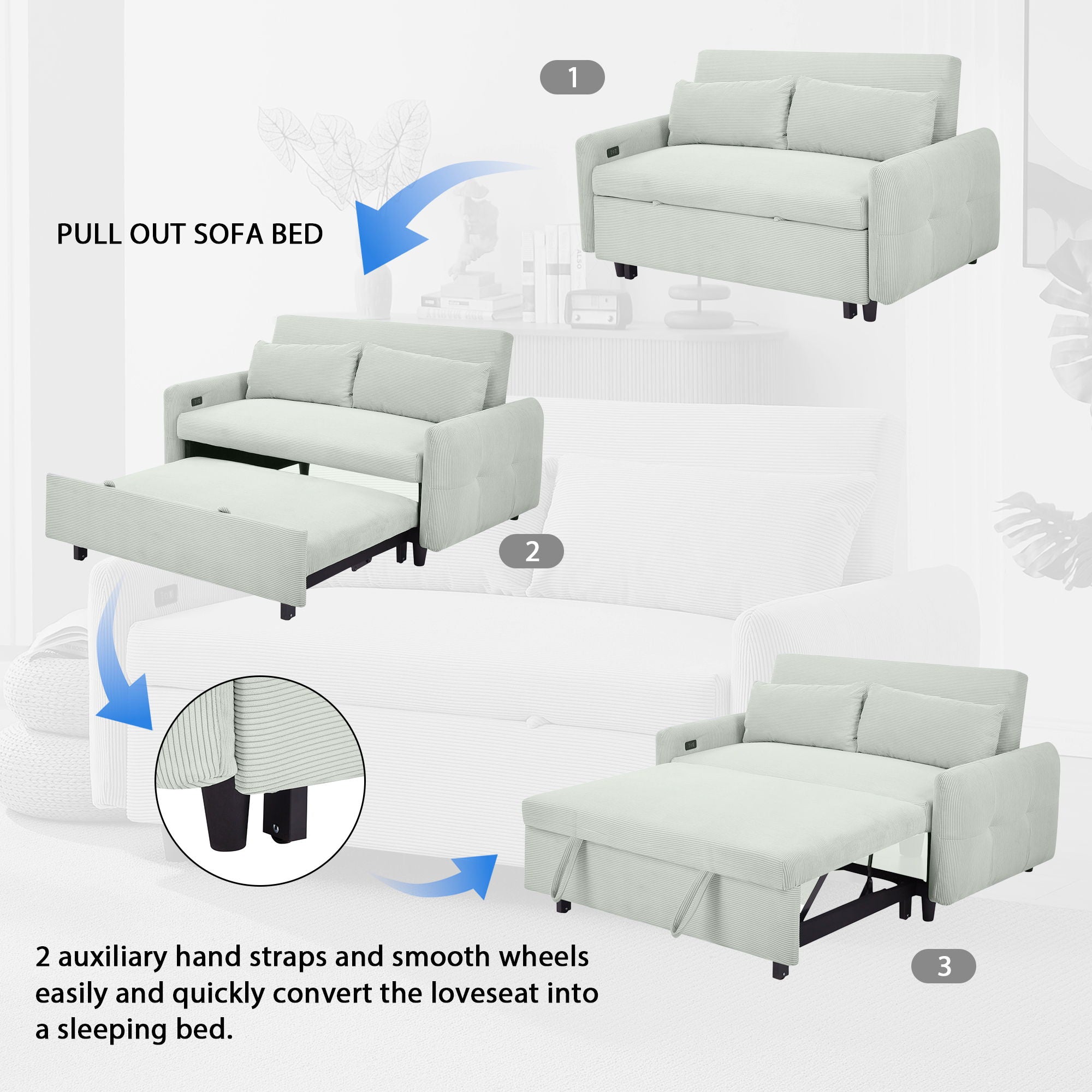 Pull-Out 2 Seat Modern Sleeper Sofa With 2 Throw Pillows And USB Ports
