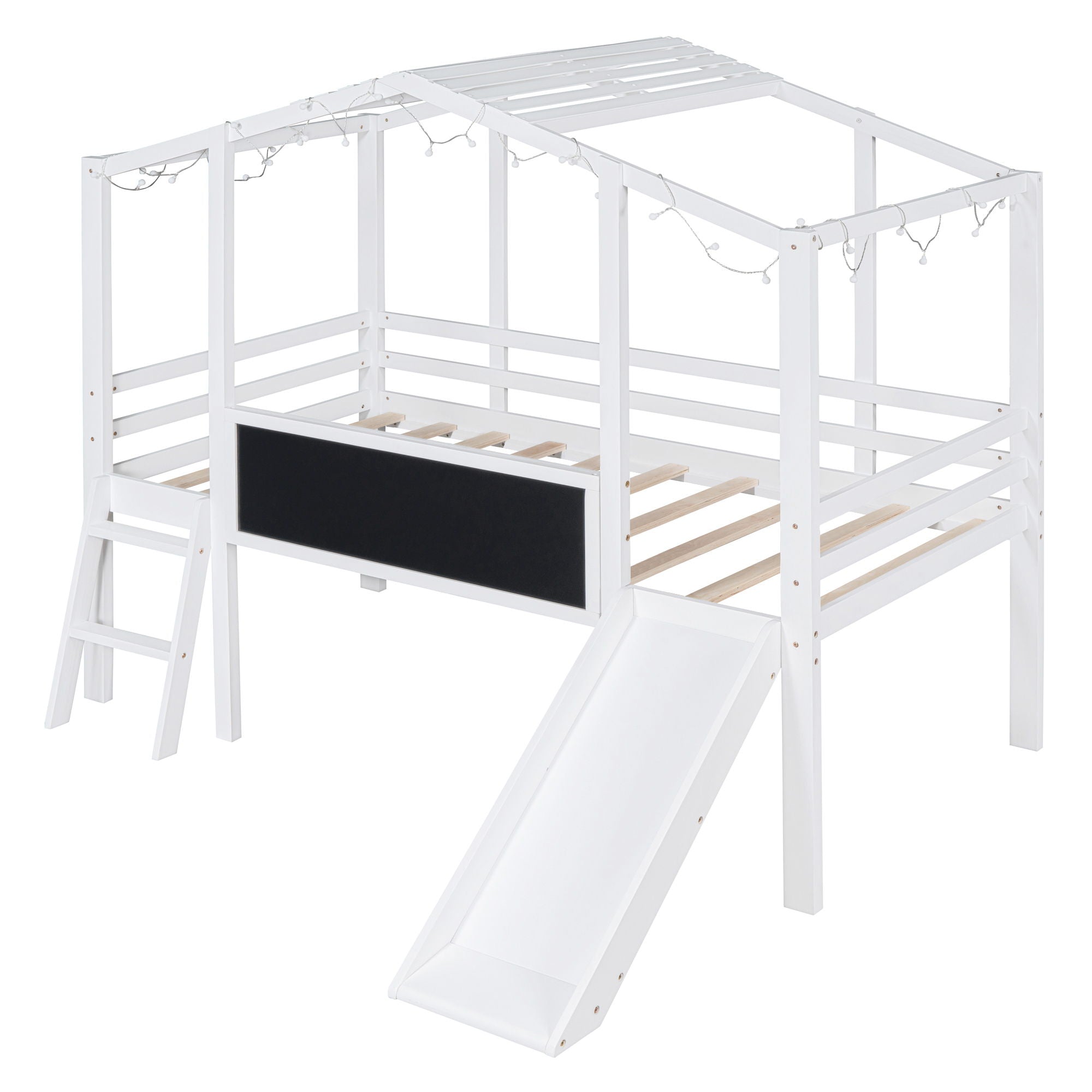 Loft House Bed With Ladder And Slide, With Blackboard And Light Strip On The Roof