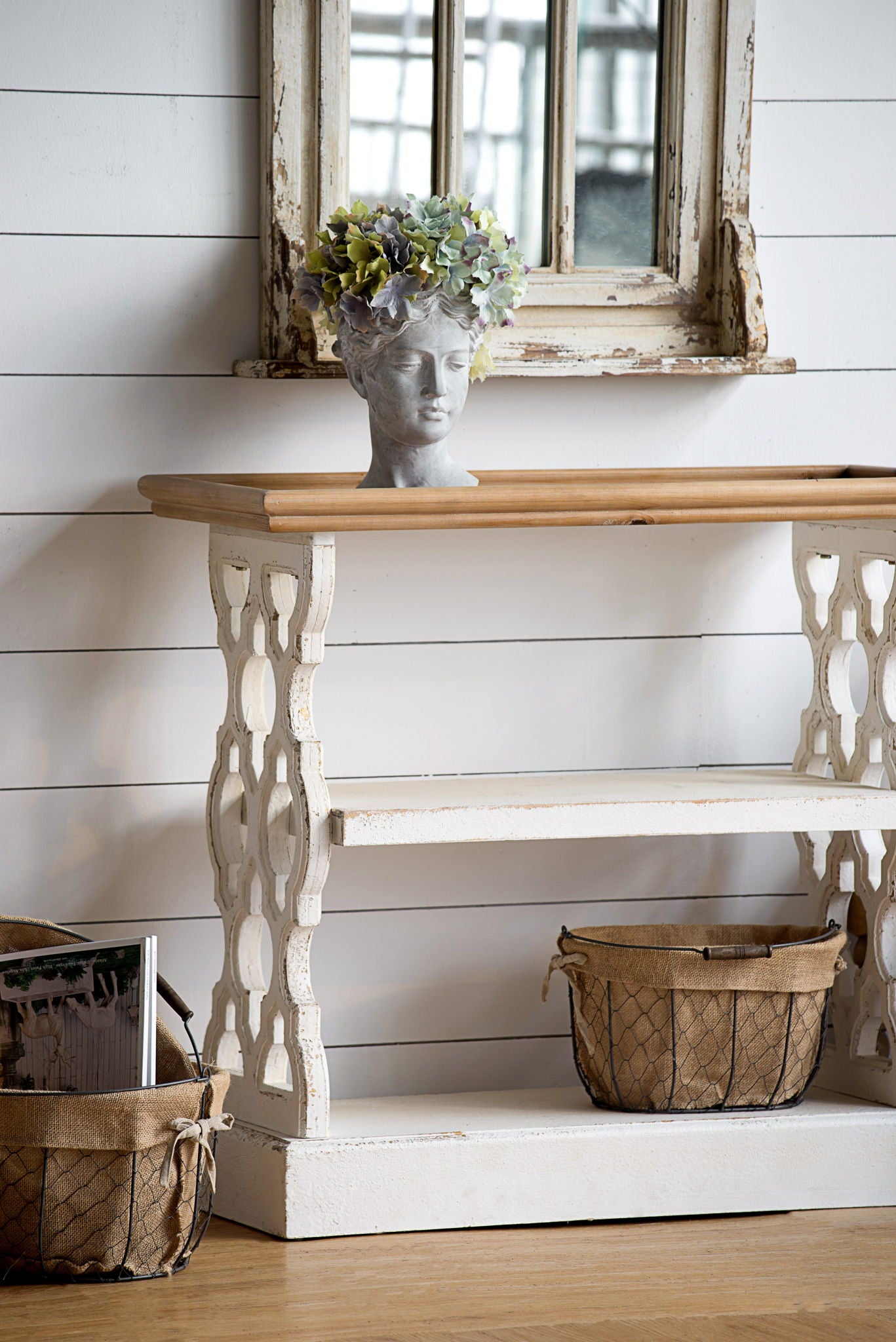 Distressed Wood Shelf Tray, French Country Console Table - Brown / Antique White