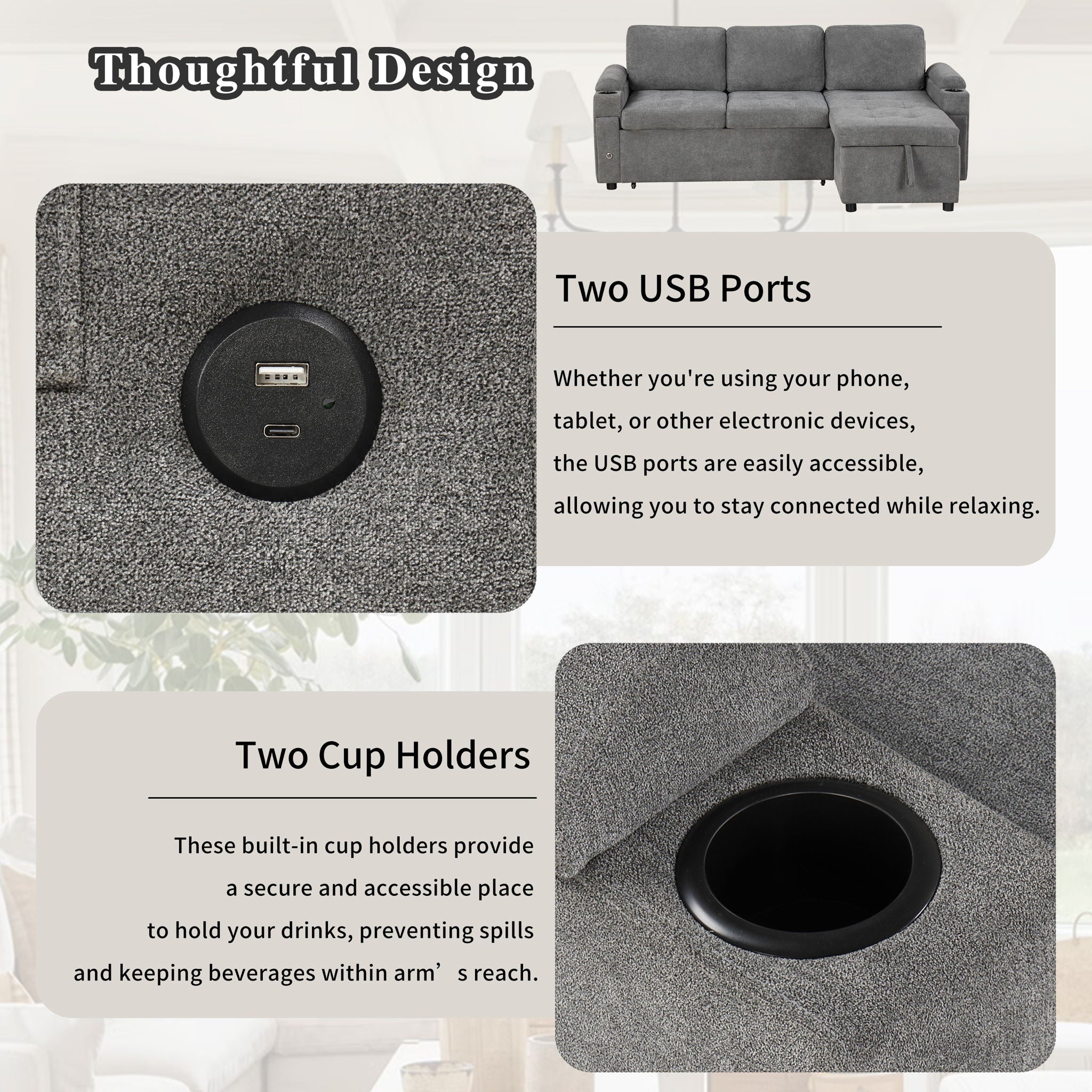 Convertible L Shaped Sofa Couch With Storage, Cup Holders, USB Ports