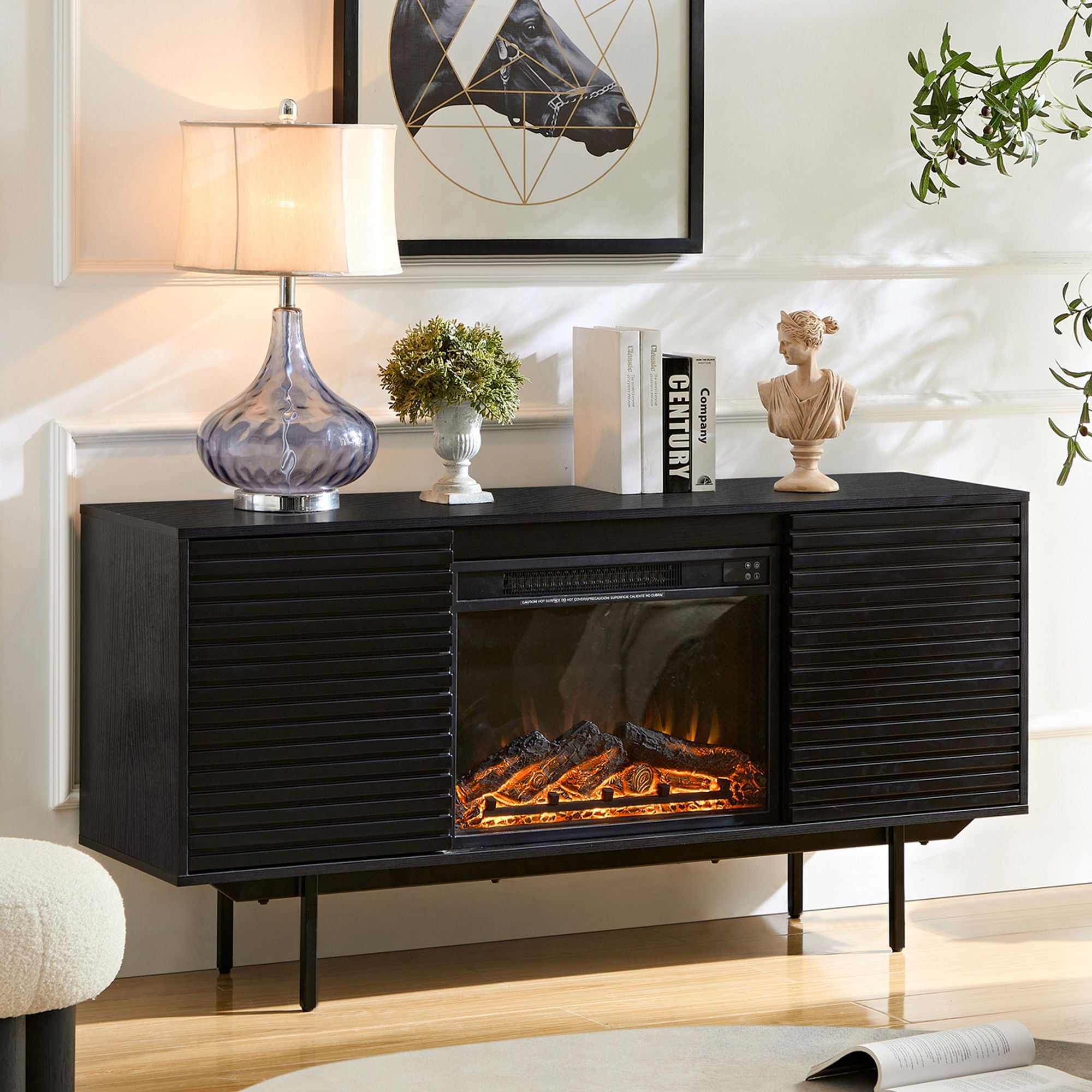 Oak Board Cabinet, The Middle Layer Board On Both Sides Of The Cabinet Can Be Adjusted, The Furnace Is Embedded In The Middle Grid With The Remote Control