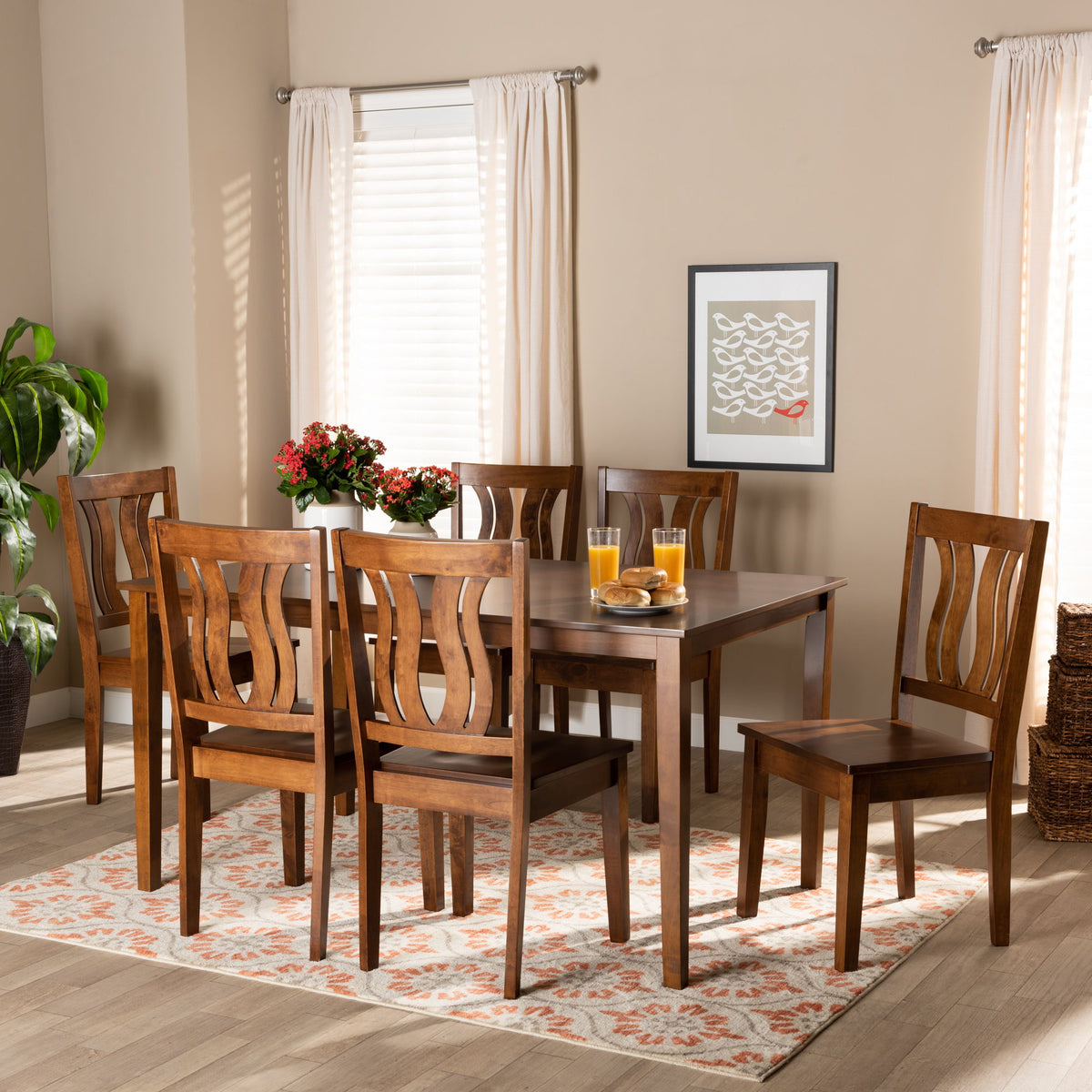 Zamira Modern and Contemporary Transitional Walnut Brown Finished Wood 7-Piece Dining Set