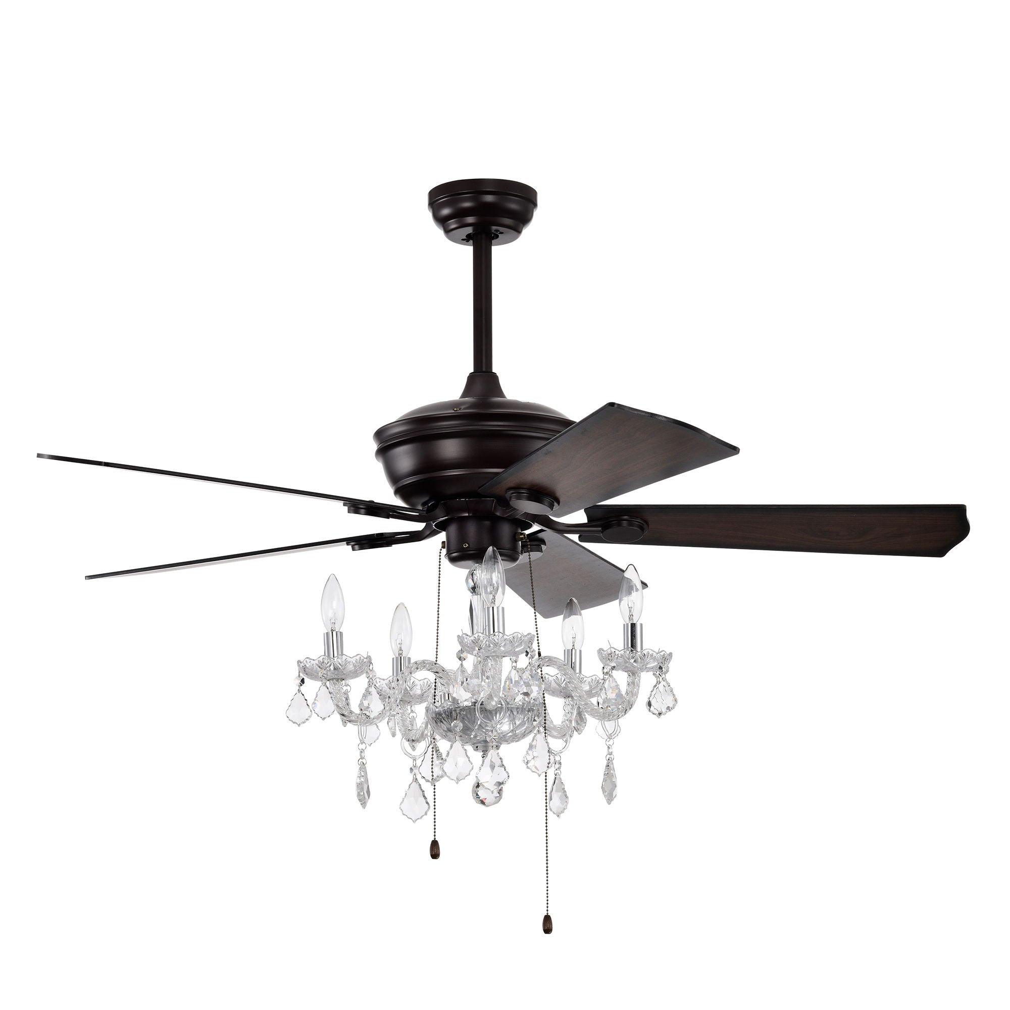 52" Crystal Shade Ceiling Fan Lamp, 3 Speed, 4 Timing, 5 Reversible Blades Crystal Ceiling Fan, 5 Pieces X E12 (No Include Bulb), Hand Pull Chain - Matte Black