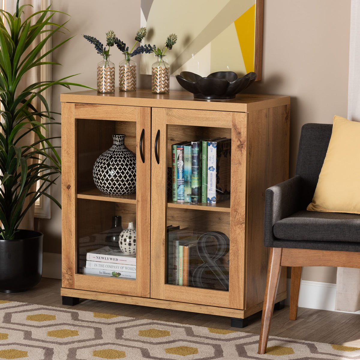 Zentra Modern and Contemporary Oak Brown Finished Wood 2-Door Storage Cabinet with Glass Doors