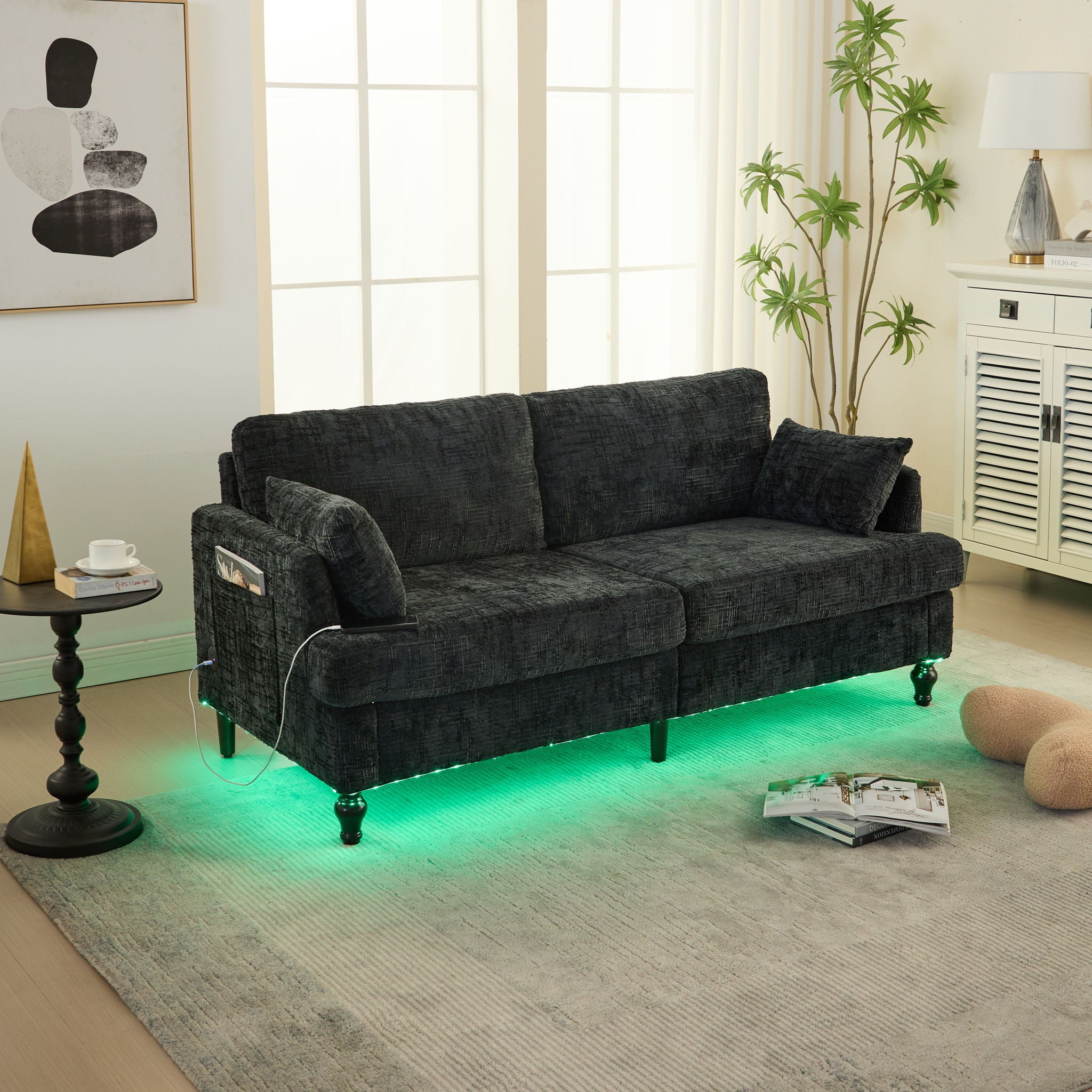 Chenille 2 Seater Sofa With LED Light, USB Charging Port, And Storage Bag
