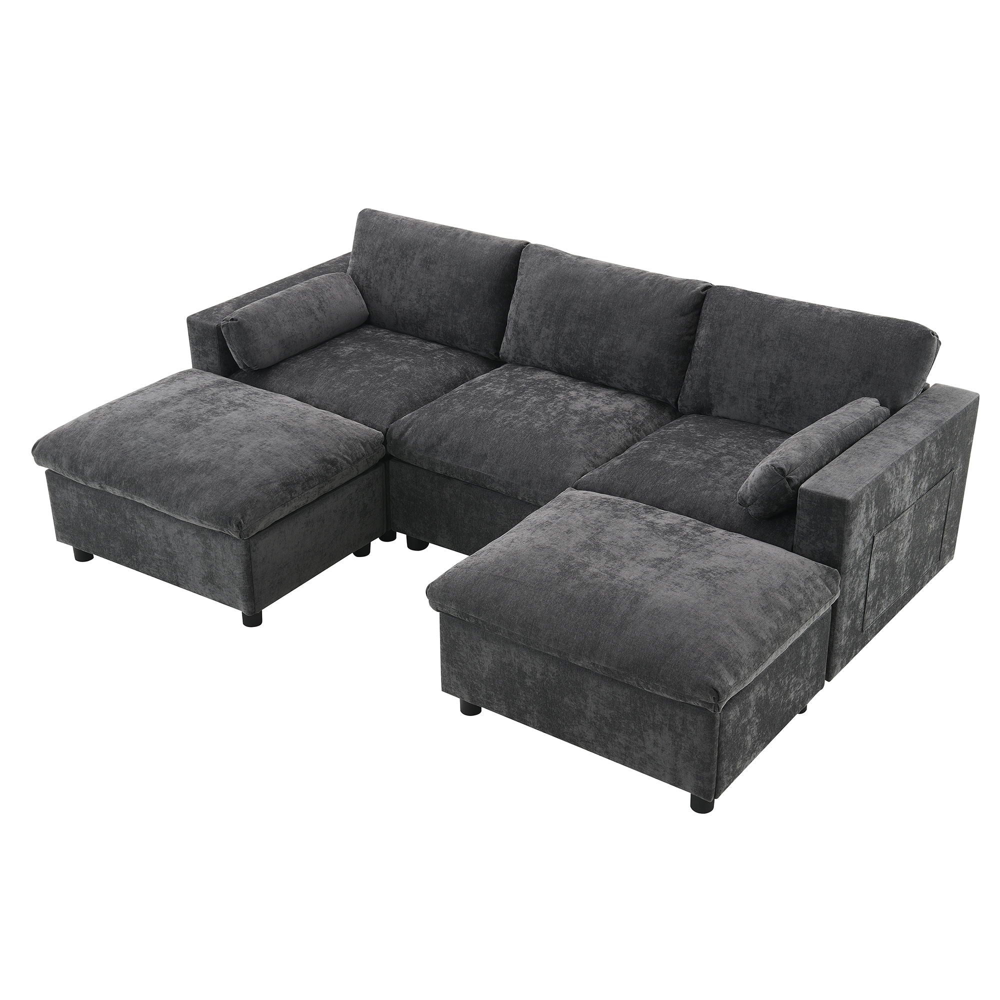 Modular Sectional With Storage Pockets, 5 Seat U Shaped Couch Set With Pillows, Free Combination Modern Cloud Sofa With 2 Movable Ottoman