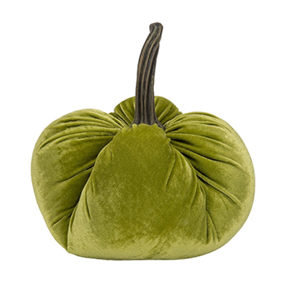 Velvet Weighted Pumpkin With Resin Stem Apple, Pumpkin Ornament Decor For Holiday Harvest Festival Fall Festival & Thanksgiving (Set of 2) - Green