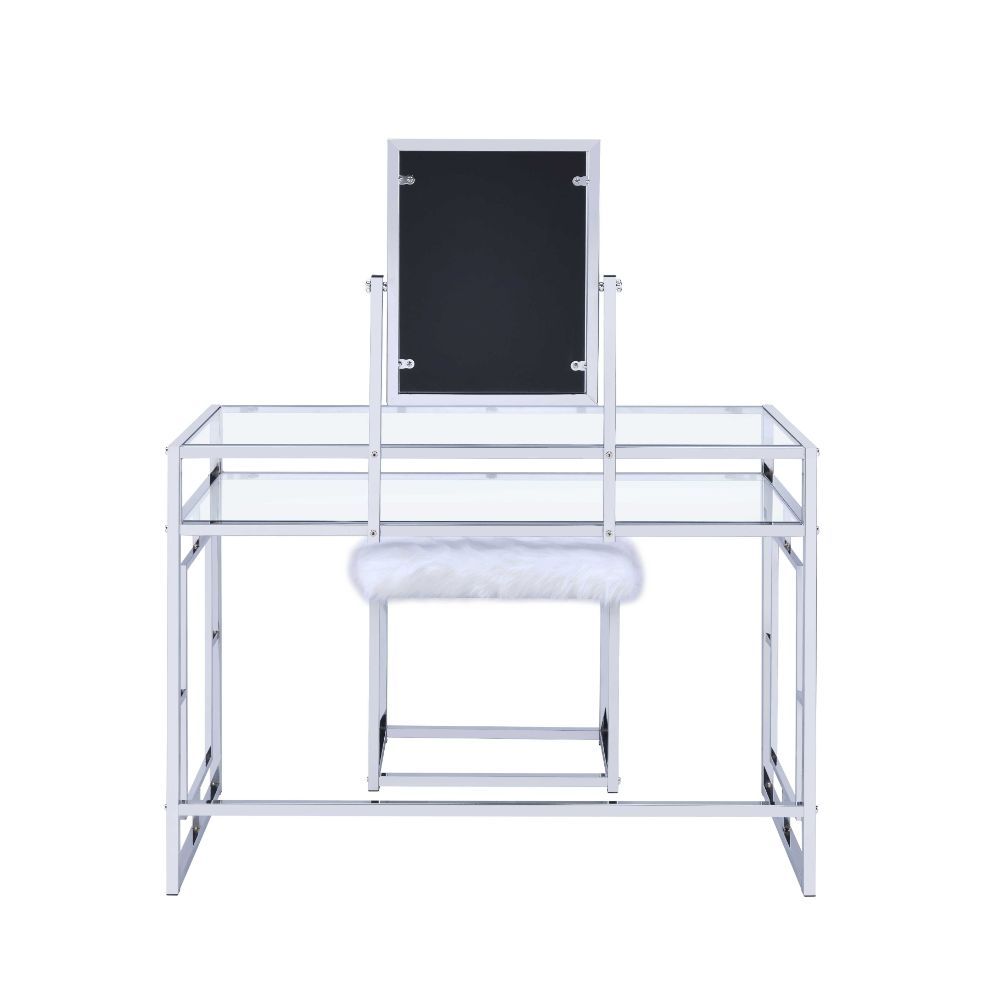 ACME Carenze II - Vanity Desk - White Faux Fur & Chrome | Meri Furniture